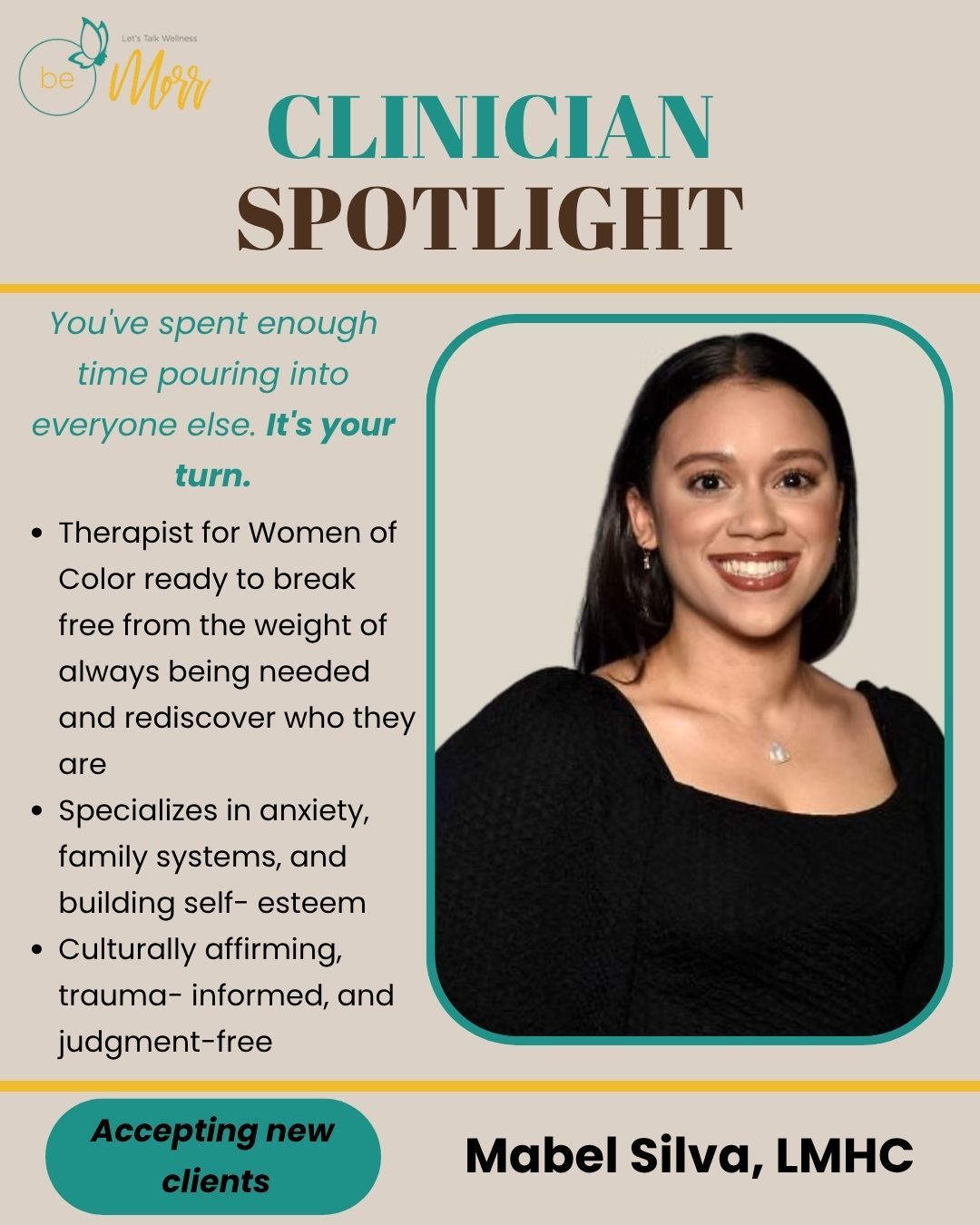 You've spent your whole life being the strong one. Holding it all together. Showing up for everyone. But who's showing up for you? 🤍
Meet Mabel!
Mabel works with Women of Color who are exhausted from the weight of always being needed — the ones who've been pouring into everyone around them and quietly running on empty. If you've slowly drifted from who you actually are because you've spent so long becoming who everyone else needed you to be, she sees you.
Her approach is warm, collaborative, and rooted in the full context of your life — including the generational trauma, the community expectations, and everything in between. She draws from attachment-based therapy, IFS, and somatic work, always tailored to your story. And yes, she might even bring a little humor into it, because healing doesn't have to be heavy all the time.
If you're ready for a space where you don't have to perform or prove yourself, Mabel might be exactly who you've been looking for.
Visit our website www.bemorrcounseling.com to learn more about her.
#beMorr #MeetTheTeam #TherapistSpotlight
