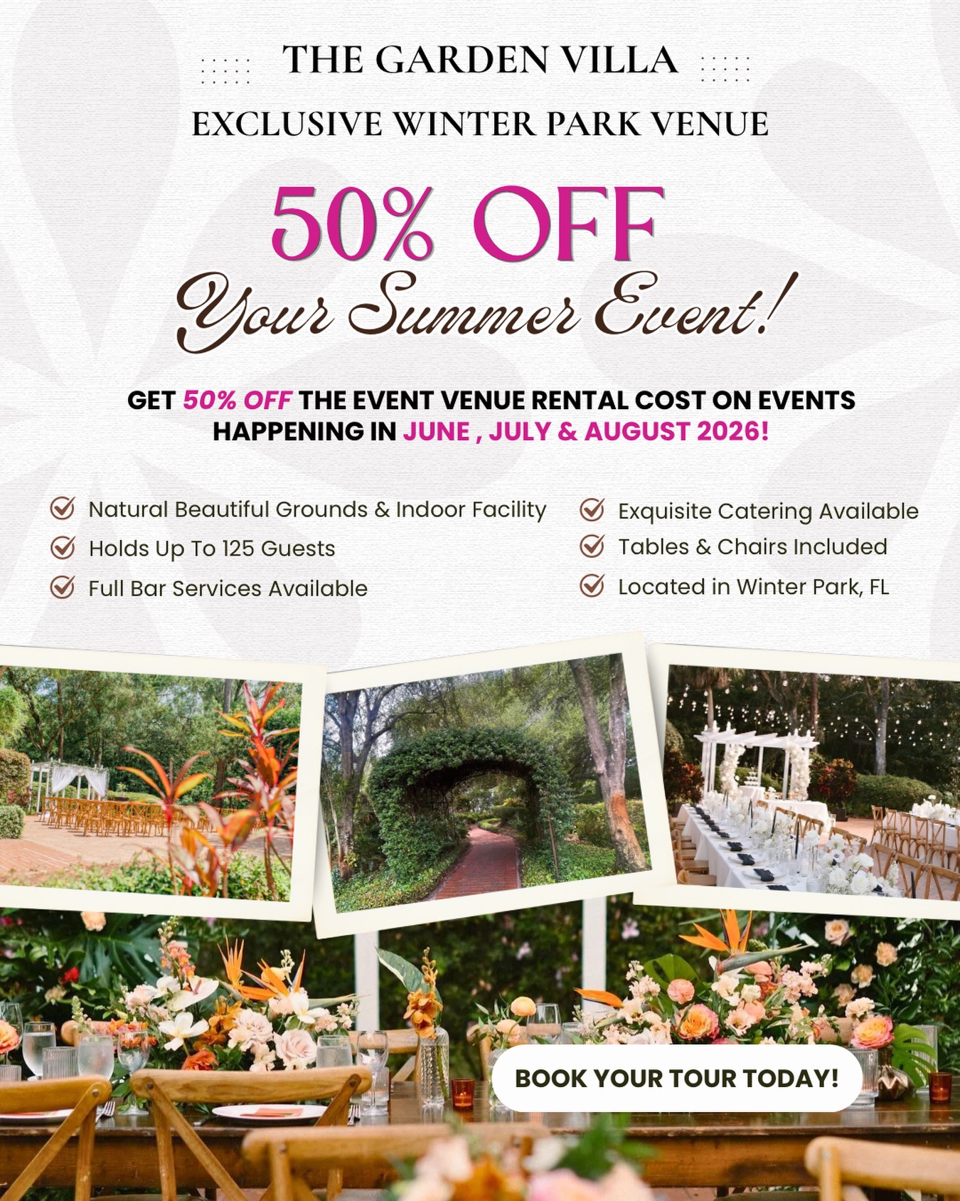 🌿 Summer Event Special at the Garden Villa 🌿
The Garden Villa, a Beautiful Event Venue in the Heart of Winter Park, Florida Invites You to Book Your Next Event...
Get 50% OFF an 8-Hour Venue Rental For Events Taking Place in June, July, or August 2026!
What Does Your 8-Hour Rental Include?
✨ Exclusive Access to Our Indoor Venue & Garden Grounds!
✨ 8-Hour Rental (setup, event time & cleanup)
✨ Setup & Cleanup Services
✨ 125 Cross-Back Wood Farm Chairs & Event Tables
✨ In-House Catering Through “Cocktails Catering”!
From weddings and bridal showers to corporate events and private celebrations, “The Garden Villa” offers the perfect setting with beautiful outdoor natural locations and a cozy indoor setting for a perfect event!
Summer dates are filling quickly!
📍Winter Park, FL
Call Us Today To Schedule a Private Tour!
(407) 745-5718 or Email Us at Events@TheGardenVilla.com
Go To Our LINK IN BIO to View Our Venue Pricing!
#TheGardenVilla #WinterParkVenue #OrlandoWedding #WinterPark #OrlandoEventVenue