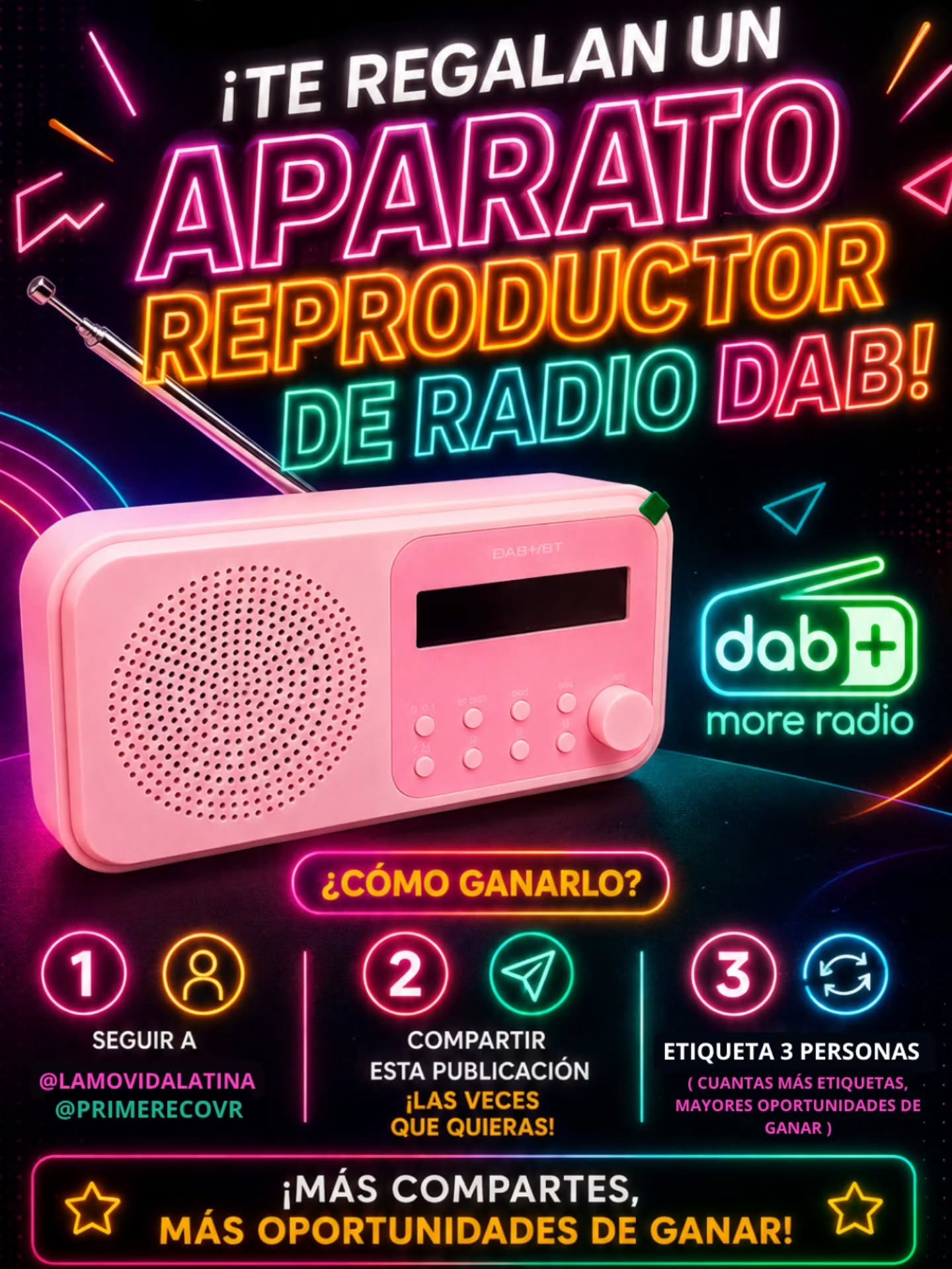 📻 ¡SORTEO EXPRESS! ¡LA MOVIDA LATINA Y PRIME RECOVER TE REGALAN UN APARATO REPRODUCTOR DE RADIO DAB! 📻
¿Quieres escuchar tu música y programas favoritos con la máxima calidad digital? ¡Esta es tu oportunidad! Nos hemos unido para regalar esta espectacular radio digital rosa y queremos que sea tuya. ✨💖
¿Cómo ganarla? ¡Es súper fácil! 👇
1️⃣ Sigue a las cuentas: @lamovidalatina y @primerecovr
2️⃣ Comparte esta publicación en tus historias (¡todas las veces que quieras!).
3️⃣ Etiqueta a 3 amigos en los comentarios. ¡Recuerda que cuantas más personas etiquetes, mayores oportunidades tienes de ganar!
🌟 ¡MÁS COMPARTES, MÁS OPORTUNIDADES DE GANAR! 🌟
Promoción válida por tiempo limitado. ¡No te quedes fuera y participa ya! 🕒👇
#Sorteo #LaMovidaLatina #PrimeRecover #RadioDAB #RadioDigital ParticipaYGana ComunidadLatina ElDeLaMañana