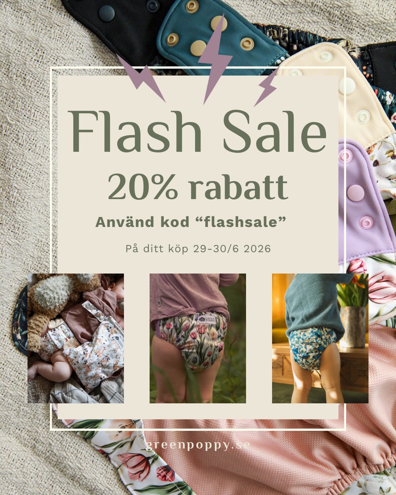 Vi kör en flash sale såhär sista dagarna i juni! 🎉20% rabatt på ditt köp med rabattkod ”flashsale”Passa på att fylla på med snygga, högkvalitativa tygblöjor eller användbara påsar. Just nu till bästa priset 🤯Rabattkoden är giltig till och med 30 juni 2026, kan inte kombineras med andra erbjudanden eller rabattkoder. Ej giltig på REA-produkter eller produkter från kategorin paketerbjudanden.