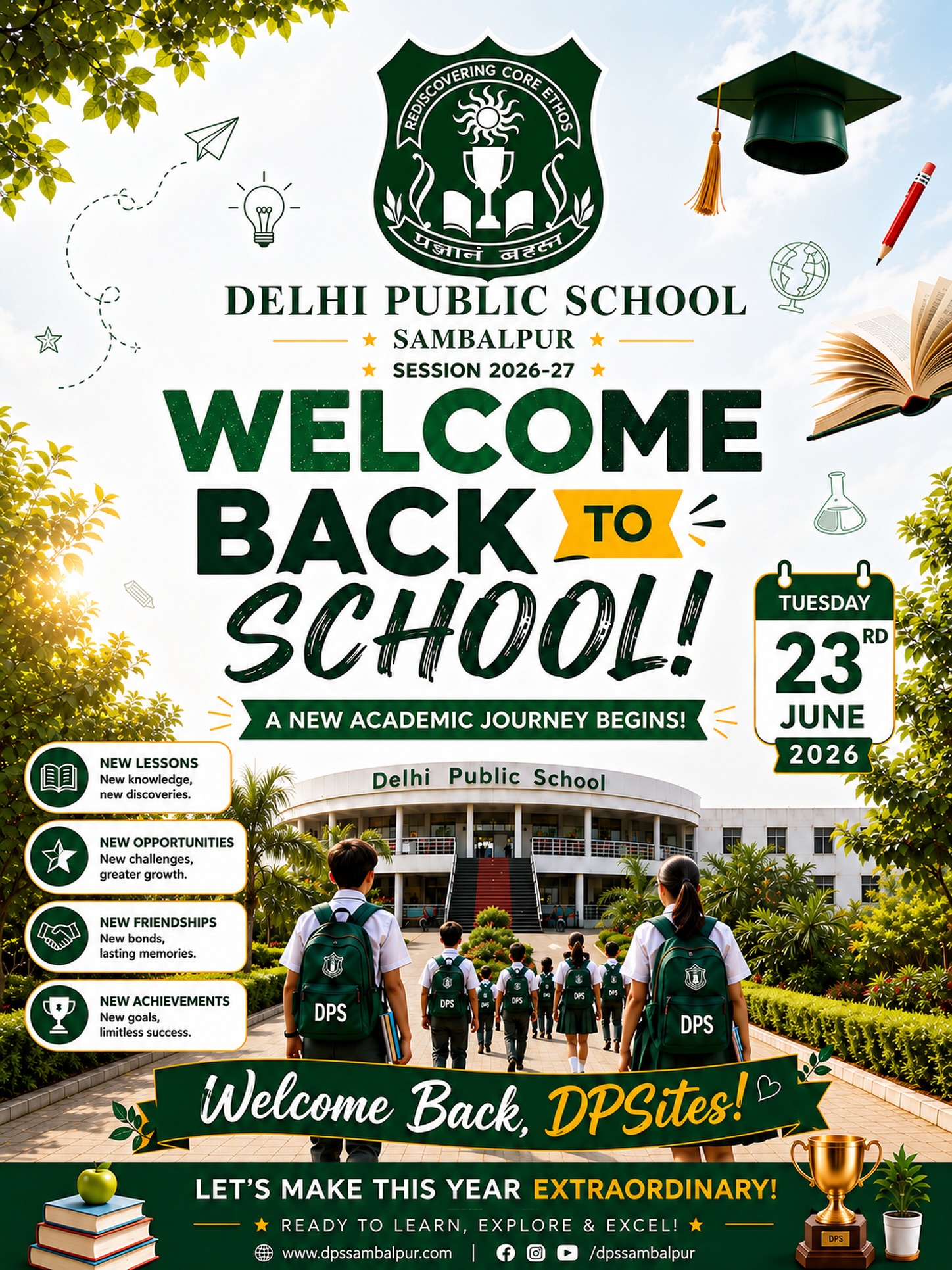 📚✨ A new session, new opportunities, and new adventures await!
We are excited to welcome our students back to school as we begin another year of learning, growth, and success.
💚 Welcome Back, DPSites!
📅 23rd June 2026