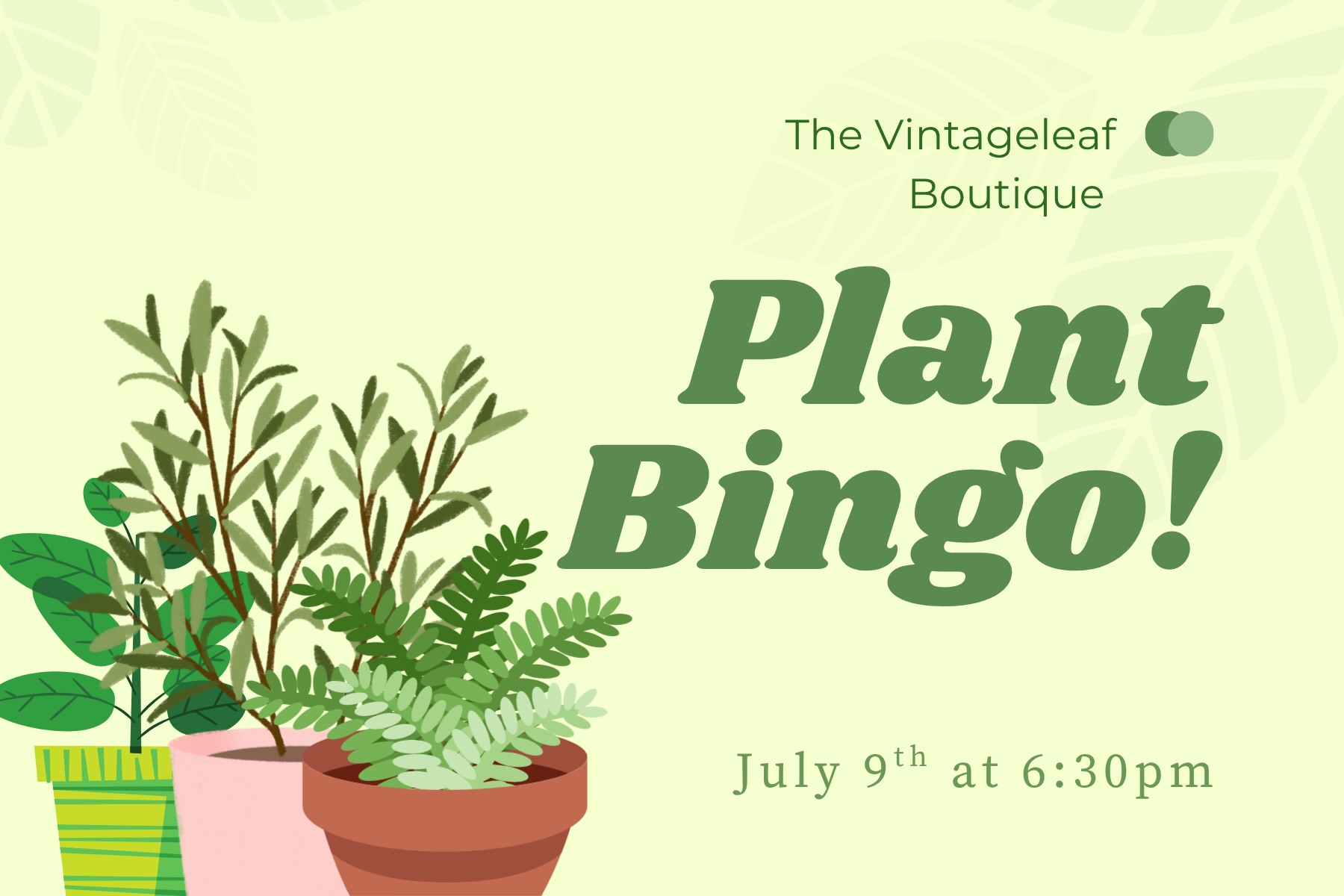 🎉🪴 80’s Bingo Night at The Vintage Leaf Boutique! 🪴🎉
Get ready for a totally rad night of bingo, shopping, prizes, and fun!
📅 Join us for an evening of:
🎱 8 exciting games of bingo
🏆 Great prizes
🥨 Snacks provided
🛍️ 20% OFF your entire purchase after bingo if you want to shop ’til you drop!
✨ Theme: Dress as your favorite ’80s icon! (Completely optional, but one best-dressed winner will receive a special prize!)
🍷 BYOB if you’re 21+ and drink responsibly.
🎟️ Tickets: $25 per person
⚠️ Limited to just 16 seats—reserve yours before they’re gone!
Please note: Tickets are non-refundable. If something comes up and you’re unable to attend, we’ll transfer your registration to our next Bingo Night.
💳 Payment Options:
• Venmo: @pennymulder
• Or request an emailed invoice
Grab your friends, throw on your favorite ’80s outfit, and join us for a night full of laughs, prizes, and plants! 🌿✨