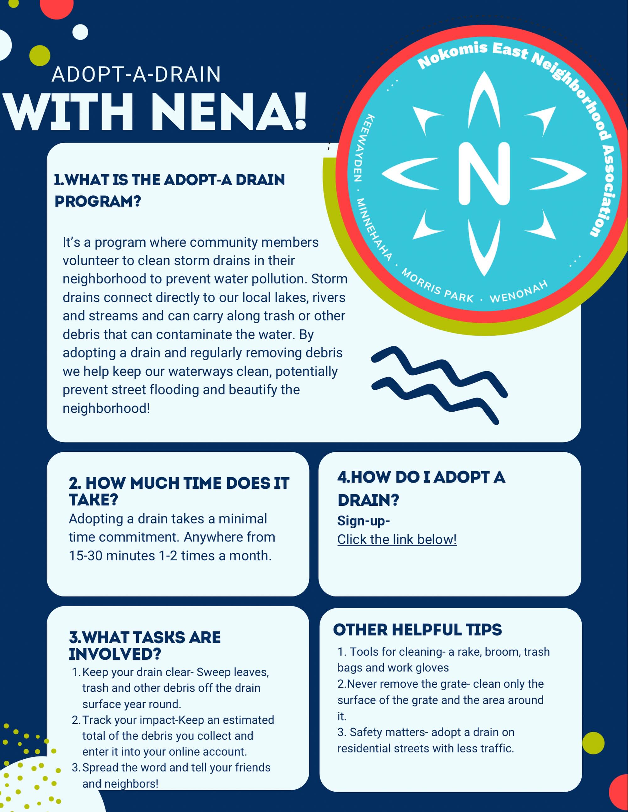 Adopt-A-Drain with NENA!
The Adopt-A-Drain program is an opportunity for community members to volunteer to keep storm drains clear and clean to prevent water pollution.
Make a big impact on the environment with minimal time commitment!
Learn more at the link in our bio!