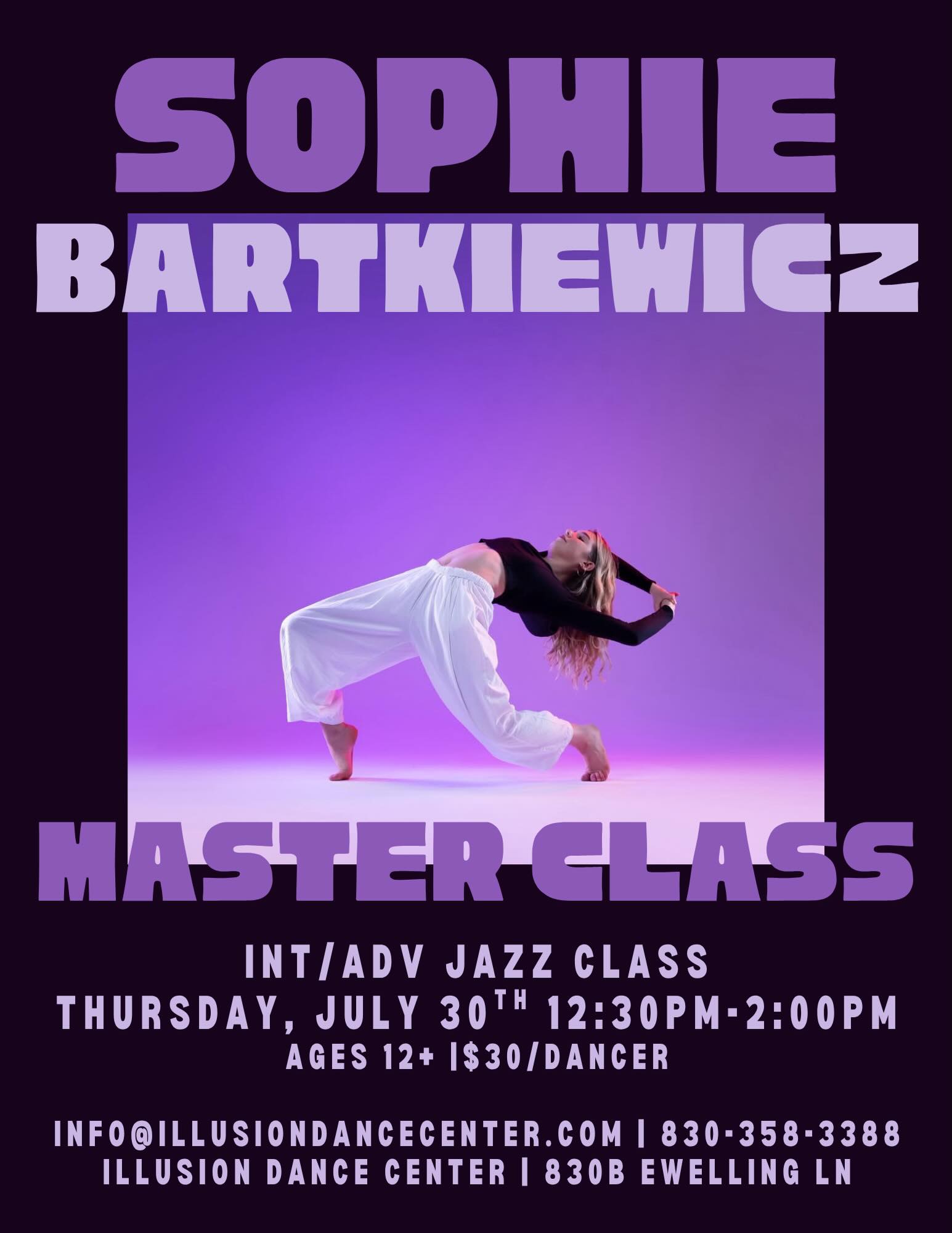 Master Class with Sophie Bartkiewicz⭐️
We are so excited to welcome Sophie for a Jazz Master Class on Thursday, July 30th💜
Join us from 12:30-2:00!
$30/dancer | Ages 12+
Swipe to read more about Sophie!
Contact the studio to register or use the link below! https://app.jackrabbitclass.com/eventcalendar.asp?orgID=541743