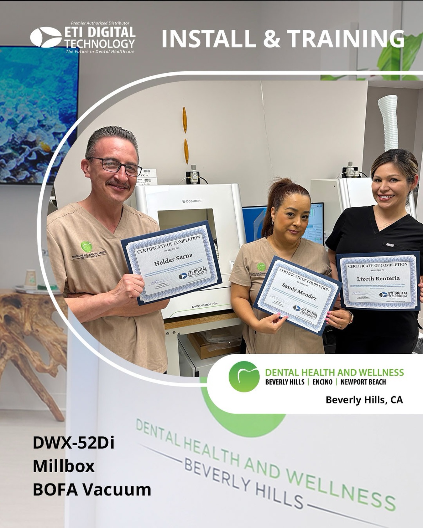 👏🏼 Congratulations to our new customers at Beverly Hills Dental Health and Wellness for completing the hands-on installation and training on their new DWX-52Di 5-Axis Milling Machine with Millbox CAM software, and BOFA Vacuum with our Digital Lab Specialist, Lulu Lopez!
.
😊 We are excited for you and dedicated to providing you with the best customer service, support, training, and products. We look forward to continue working with you!
.
📚 For more information on our product line, contact ETI Digital Technology today at 714-238-1490 or sales@etidigitaltechnology.com! You can also visit our 🌐 website at https://www.etidigitaltechnology.comore information!
.
#DWX-52Di #FiveAxisMilling #MillboxCAM #ETIDigitalTechnology #BOFAVacuum
