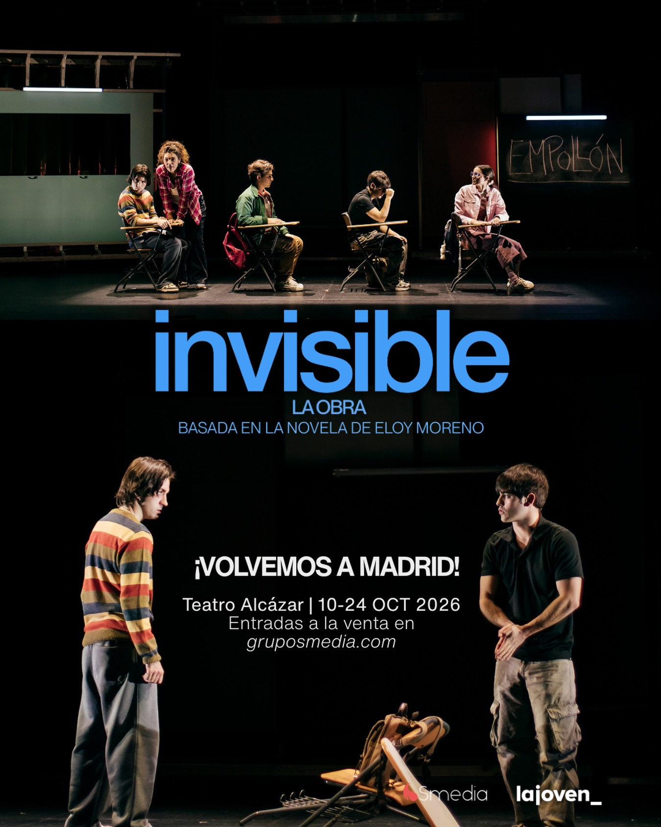 La próxima temporada volvemos a Madrid con ‘INVISIBLE’ al Teatro Alcazar. Únicas 5 funciones para público general, ¡corred que vuelan! 🏃♂️ 🏃♀️🏃
🎫 Entradas ya a la venta, link en nuestra bio
Basada en la novela de @eloymorenoescritor, adaptación de @mirojosepmaria, con @javimoranactor @mabeldelpozo @_marcos.perezz @ibaarodriguez y @juanacedo_ 💌
@clubsmediateatro
