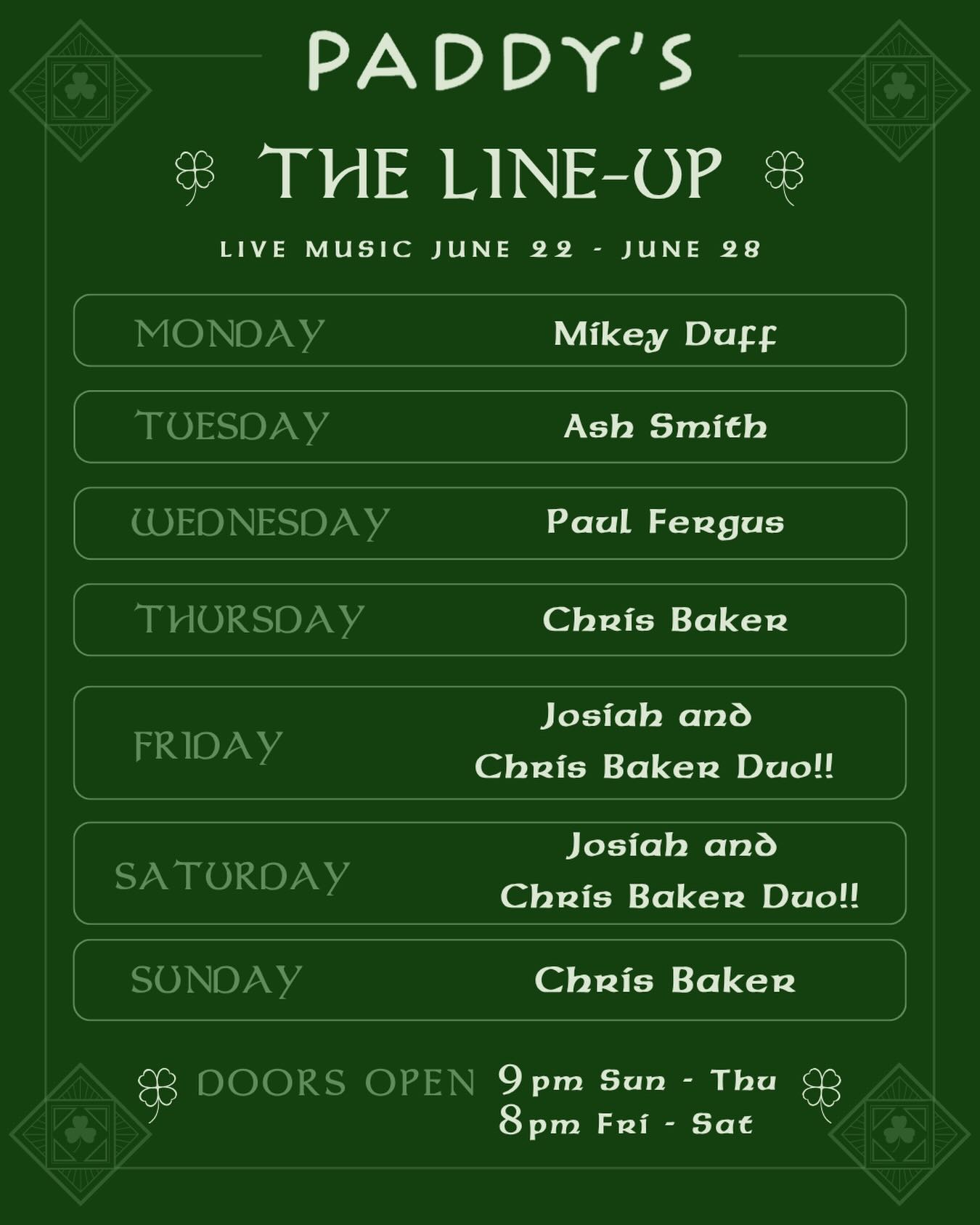 HEREโS WHATโS ON THIS WEEK ๐ถ
Your live music line-up for June 22โ28 ๐
๐ Monday โ @mike_duff_entertainment
๐ Tuesday โ @ashsmithmusic
๐ Wednesday โ @paulfergusmorris
๐ Thursday โ @deanstmusic
๐ Friday โ @josiahsamuelmusic + @deanstmusic
๐ Saturday โ @josiahsamuelmusic + @deanstmusic
๐ Sunday โ @deanstmusic
Doors open 9pm SunโThu | 8pm FriโSat
๐ www.paddysairlie.com/events
#PaddysAirlie #LiveMusic #AirlieBeach #WhitsundaysNightlife