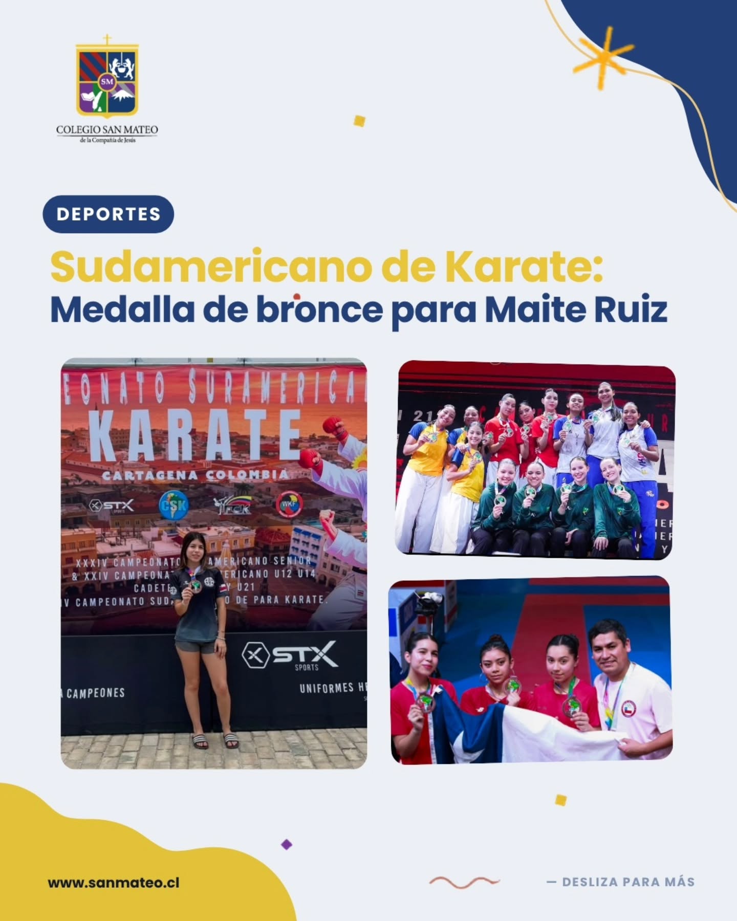 Maite Ruiz Villagrán, estudiante de 2º Medio B de nuestro colegio, regresó desde Cartagena de Indias, Colombia, con una medalla de bronce en el Campeonato Sudamericano de Karate, donde compitió en la categoría kata equipo juvenil femenino.
Un resultado que habla del trabajo constante, la disciplina y el nivel que ha alcanzado esta deportista sanmateína en una disciplina tan exigente como el karate 🥋🥉
¡Felicitaciones, Maite!
#sanmateosorno #entodoamaryservir #karatesudamericano #deportesanmateíno #karateChile