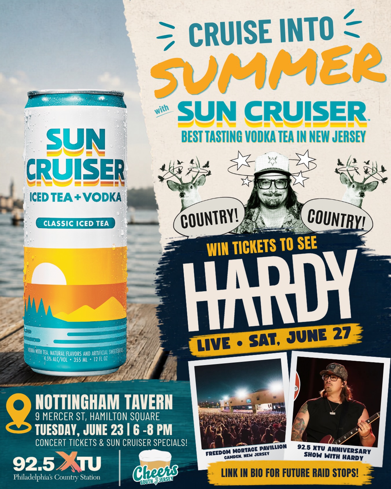 Country fans, this one’s for you 🤠🎶
Cruise into summer with Sun Cruiser at The Nottingham Tavern and enter for your chance to win tickets to see Hardy live on Saturday, June 27.
Join us Tuesday, June 23 from 6 PM to 8 PM for Sun Cruiser specials, giveaways, and your shot at an unforgettable summer concert night.
Cold drinks, country music, and a chance to win big… sounds like a pretty good Tuesday to us.
Grab your crew and meet us at the Nott.