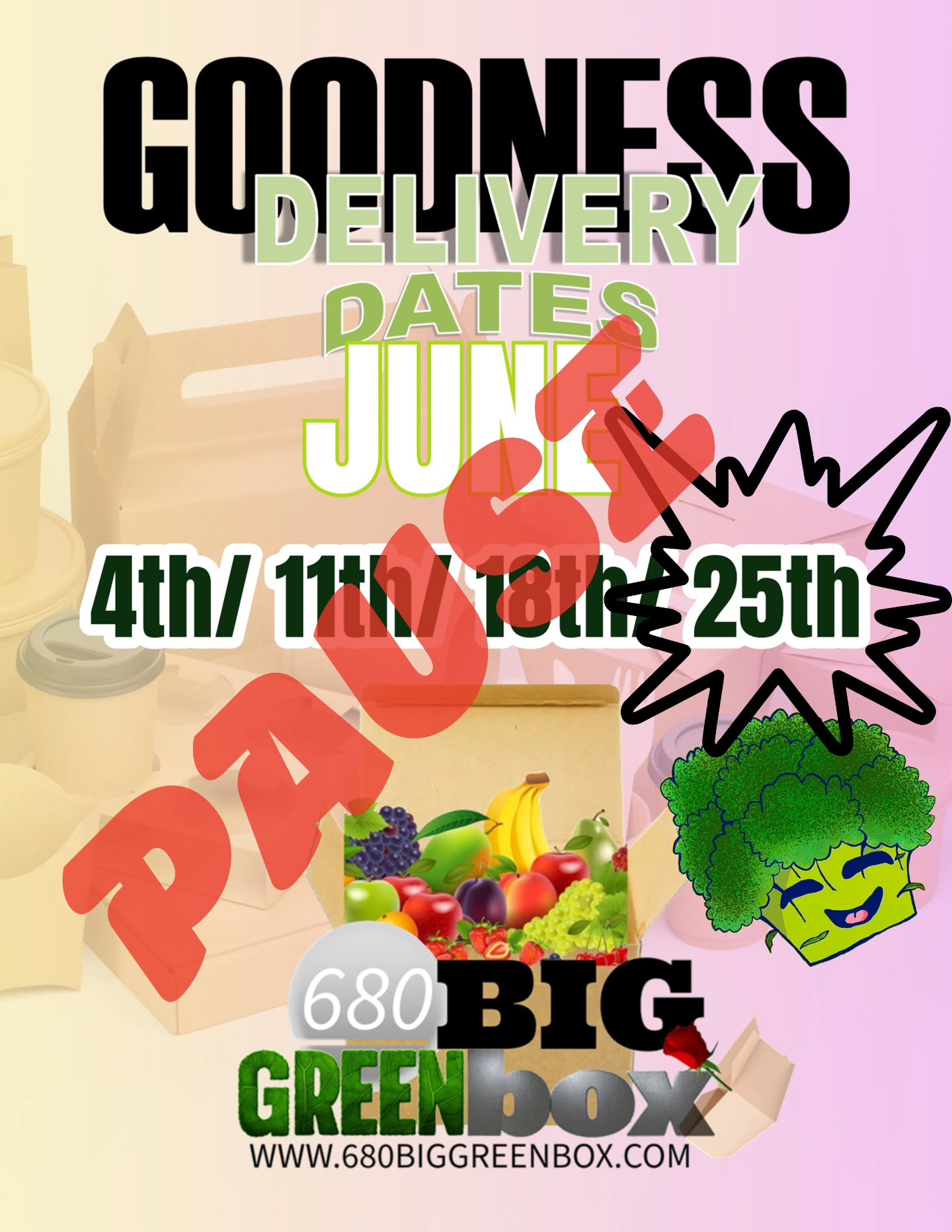 Hi ROCKSTARS!
We will be PAUSING our ROCKSTAR GOODNESS DELIVERY tomorrow to get setup for JULY GOODNESS. We will be ready to go on our next delivery day July 2nd.
Carl Childs
680 Big Green Box
www.680biggreenbox.com