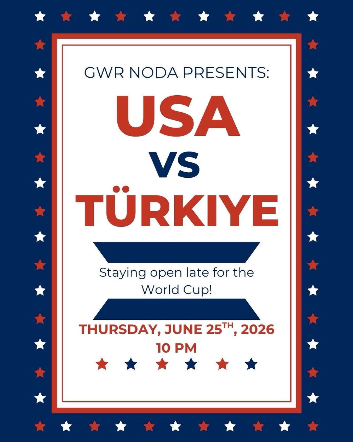 🇺🇸⚽️ LATE NIGHT WORLD CUP WATCH PARTY ⚽️🇺🇸
We’re staying open late for USA vs. Türkiye, and you’re invited.
Join us TONIGHT at 10 PM to catch all the action, sip on award-winning spirits, and cheer on Team USA with fellow soccer fans.
🍸 Craft cocktails & spirits
⚽️ Match on the big screens
🇺🇸 Red, white, and blue vibes all night
🔥 No bedtime until the final whistle
See you at GWR NoDa. Let’s go USA! 🇺🇸⚽️
#USMNT #WorldCup2026 #USAvTürkiye #GWRNoDa #CharlotteNC