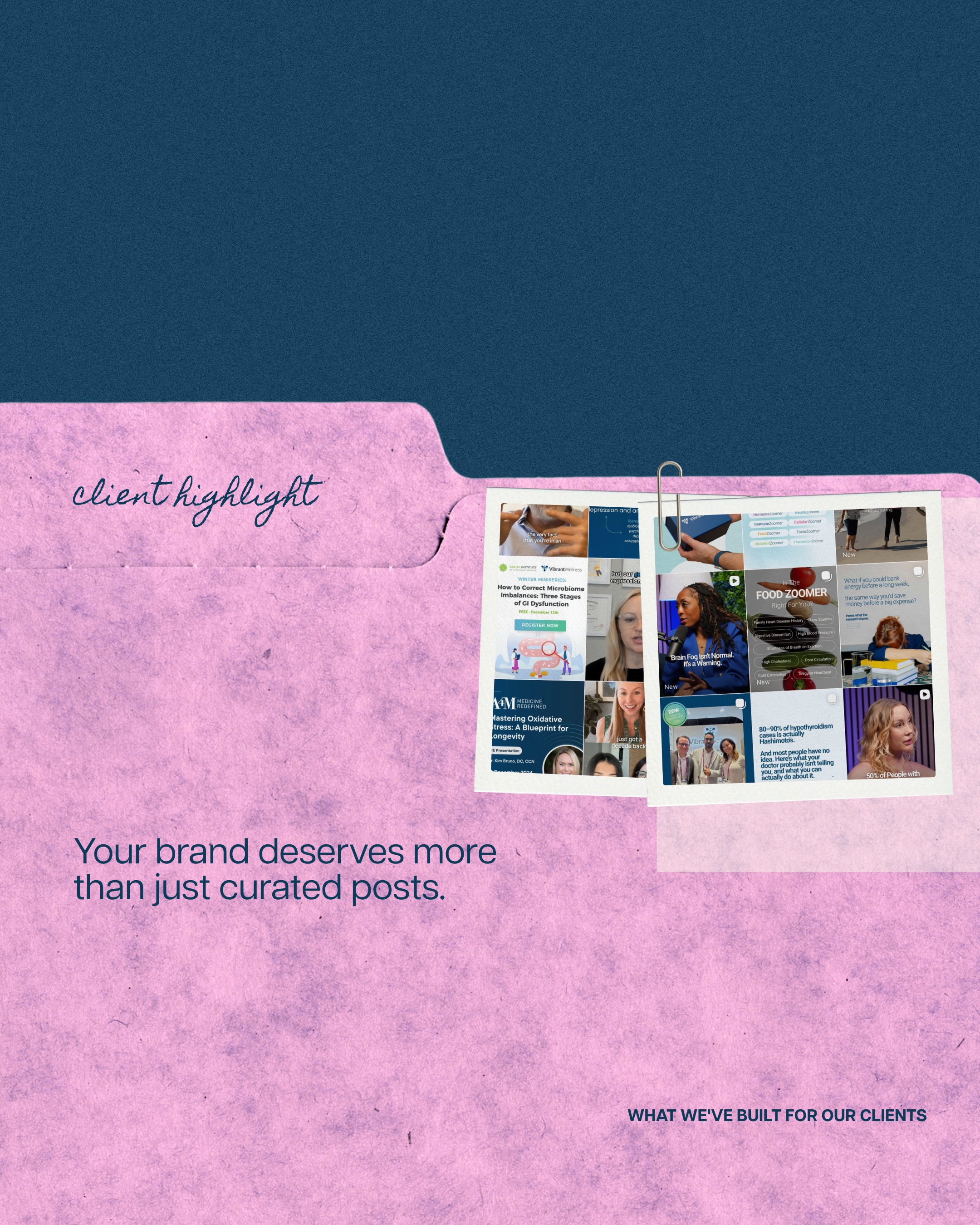 When we started managing @vibrantwellness Instagram, the feed was polished, but it wasn’t connecting.
So we rebuilt the entire strategy from the ground up.
Out: product-first posts and clinical graphics.
In: curiosity-driven hooks, expert voices, and content that starts with how the audience feels before it ever introduces a solution.
A beautiful feed is table stakes, a strategic one is what actually builds a brand.