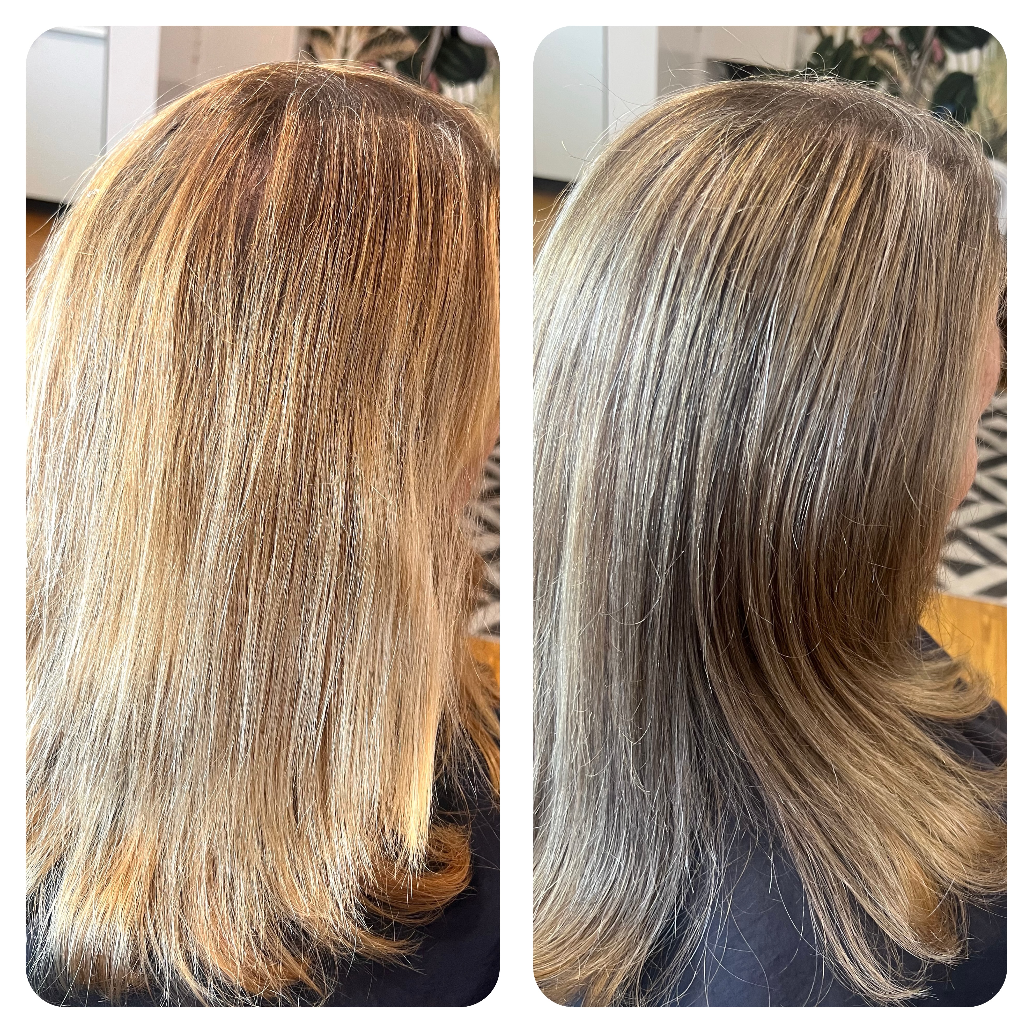 Adding longevity to your color means adding some of your natural tones back into your hair.
Example: Before her hair was too light & too golden. By adding some of her natural brown back in, she still has pretty golden highlights, but it’s much more natural and she has more control over her maintenance.