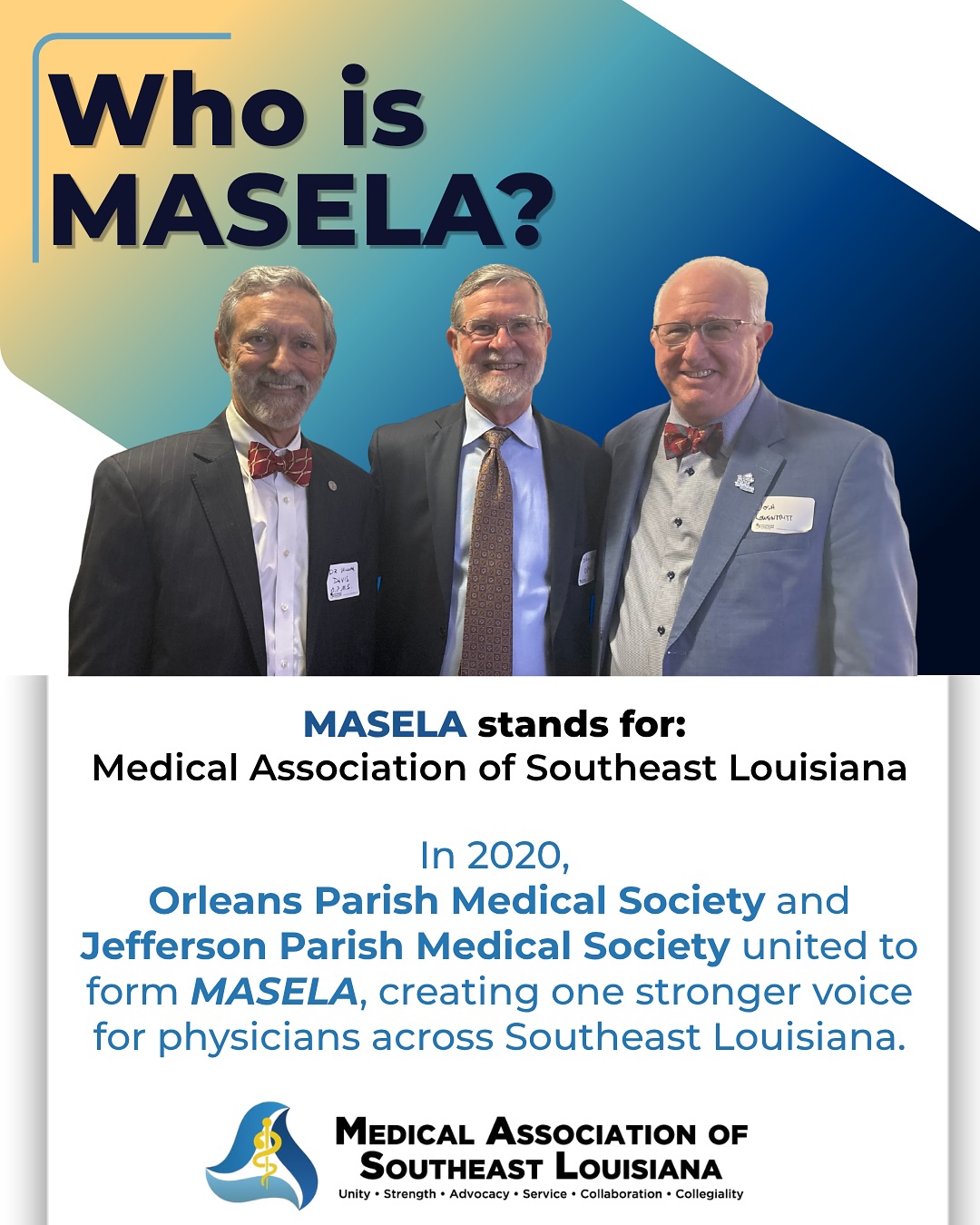Who is MASELA? 🩺
The Medical Association of Southeast Louisiana (MASELA) is a physician-led organization serving physicians and residents across Orleans and Jefferson Parishes.
We advocate for the medical profession, support professional growth, and provide valuable networking events, educational opportunities, leadership development, and physician advocacy.
Whether you’re an established physician or just beginning your residency, MASELA connects you with a community dedicated to advancing medicine and improving healthcare across Southeast Louisiana.
💙 Join the community that’s shaping the future of medicine.
🔗 Learn more at the link in our bio.
#masela #nola #noladoc #louisianaphysicians #nolahealth #organziedmedicine