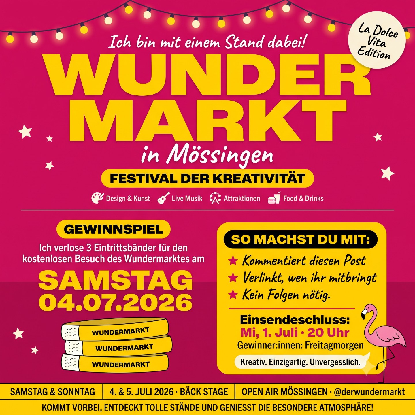 🇩🇪 GEWINNSPIEL 🎉
Wir sind am Samstag mit einem Stand am Wundermarkt Mössingen dabei — und verlosen 3 × 2 kostenlose Eintrittsbänder, damit ihr uns besuchen könnt.
So macht ihr mit:
→ Kommentiert unten und verlinkt, wen ihr mitbringen würdet
Das war's. Kein Folgen nötig.
⏰ Einsendeschluss: Mittwoch, 1. Juli · 20 Uhr
📣 Gewinner:innen: Freitagmorgen — rechtzeitig für euren Samstag
Gültig für Samstag, 4. Juli · Bäck Stage Open Air, Mössingen · @derwundermarkt 💛
🇬🇧 GIVEAWAY 🎉
We're at Wundermarkt Mössingen on Saturday with our stand — and giving away 3 × 2 free entry wristbands so you can come find us.
How to enter:
→ Comment below and tag who you'd bring
That's it. No follow needed.
⏰ Deadline: Wednesday 1 July · 8pm
📣 Winners: Friday morning — in time to plan your Saturday
Valid Saturday 4 July only · Bäck Stage Open Air, Mössingen · @derwundermarkt 💛