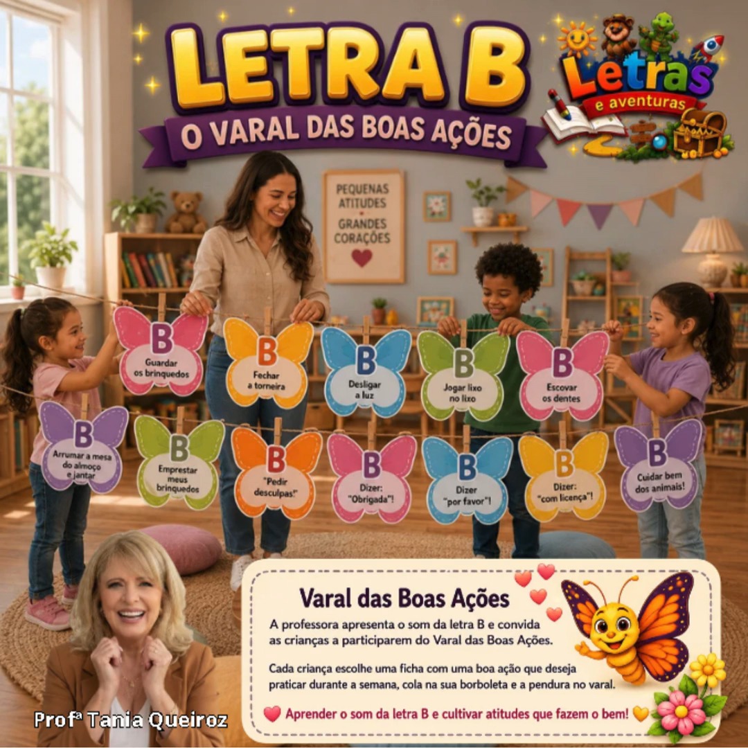 Pequenas atitudes constroem grandes seres humanos!
Aprender o som da letra B fica muito mais significativo quando a criança também aprende sobre bondade, cuidado e responsabilidade.
No Varal das Boas Ações, cada borboleta representa uma escolha que ajuda a transformar o mundo em um lugar melhor. Afinal, alfabetizar também é cultivar valores que florescem para a vida toda.
Qual boa ação seu aluno escolheria hoje?
Você gostou desta atividade? Quer receber o molde da borboleta e as fichas com as boas ações em PDF pronto para impressão? Diz nos comentários: EU QUERO!, que envio para você.
#letraseaventuras #alfabetizacaoinfantil #conscienciafonologica #metodofonico #educaçãoinfantil #aprenderbrincando #boasacoes #professorescriativos #leituranainfância #atividadespedagogicas #bncc #neuroeducacao #literacia #educacaocomafeto #institutotaniaqueiroz