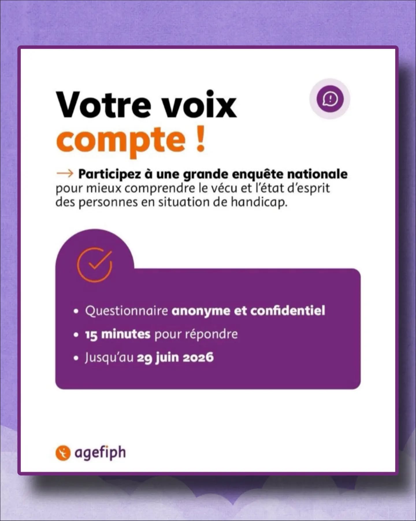 📢 HANDICAP : VOTRE TÉMOIGNAGE PEUT FAIRE BOUGER LES LIGNES
Vous vivez avec un handicap, qu'il soit visible ou invisible, comme le #CovidLong ?
Votre expérience compte.
📝 Le Groupe Ifop, l'@agefiph_ , le FIPHFP et @ladapt lancent leur grande enquête nationale annuelle pour mieux comprendre le quotidien des personnes en situation de handicap👇
💬 Comment vivez-vous votre quotidien ?
💬 Quel est votre état d'esprit aujourd'hui ?
Ces réponses sont essentielles pour mieux faire connaître les réalités vécues et orienter les politiques et les accompagnements.
⏱️ Il ne faut qu'environ 15 minutes pour répondre.
✅ Vos réponses sont anonymes et confidentielles.
Vous pouvez également vous faire accompagner par une personne de votre choix si nécessaire.
🗓️Vous avez jusqu'au 29 juin 2026 pour participer.
👉 Lien vers le questionnaire :
urlr.me/zEsayy
🙏 Nous encourageons vivement les personnes concernées à répondre et à partager largement cette enquête. Plus nous serons nombreux à témoigner, plus la réalité du handicap invisible, notamment du Covid long, sera visible et prise en compte.
#Handicap #HandicapInvisible #CovidLong #EM MaladiesChroniques Enquête Accessibilité Inclusion ApresJ20
🔗Lien en story puis en story à la une