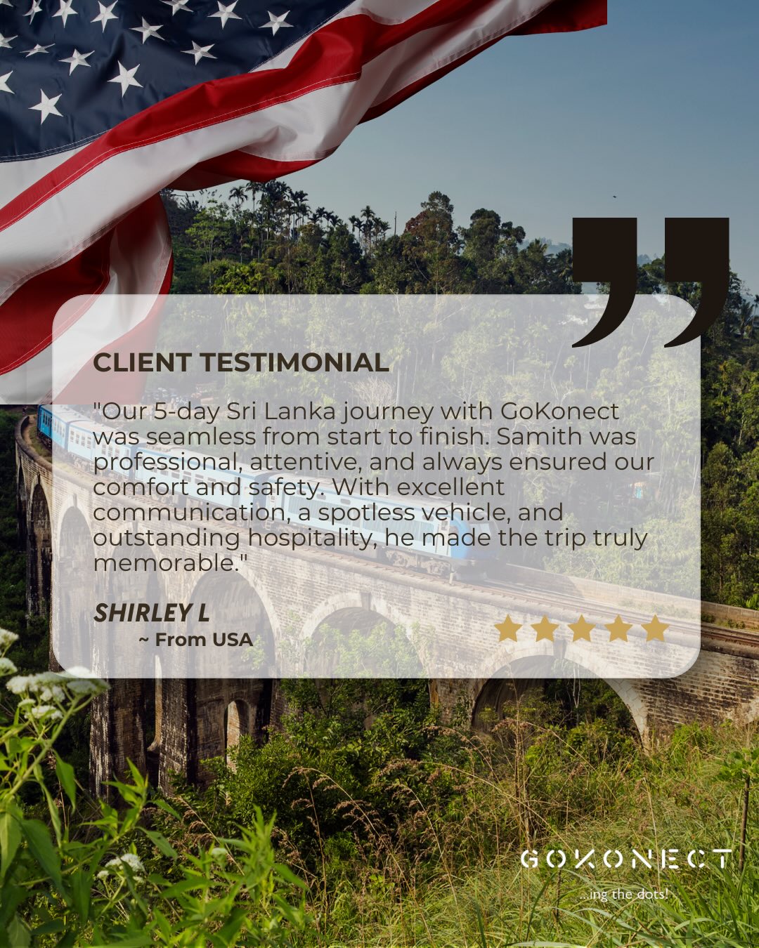 As the world comes together for the FIFA excitement, we’re proud to connect travelers from around the globe with unforgettable Sri Lankan experiences. ⚽️
🇺🇸 Thank you, Shirley, for traveling with GoKonect! 💙
#ConnectingTheDots #ClientTestimonial #FIFA #TravelSriLanka #USA