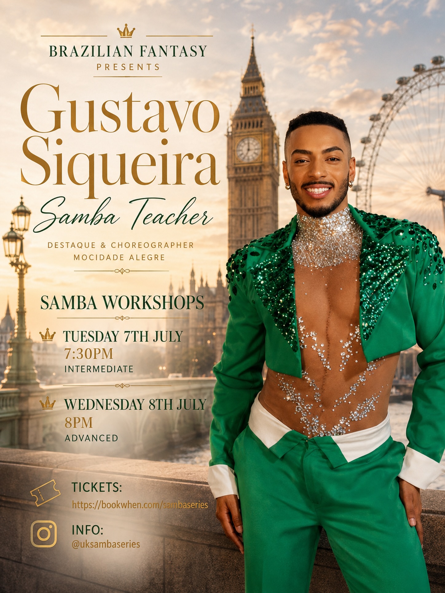 ONLY 2 WEEKS TO GO LONDON! 🇬🇧 TICKETS 70% SOLD OUT! For the first time EVER in London, we are bringing you the one and only Gustavo Siqueira - Samba Teacher, Destaque & Choreographer of Mocidade Alegre, São Paulo 🇧🇷
This is not one to miss. Gustavo is known worldwide for his signature elegant heels style - and this exclusive workshop series is your chance to learn directly from the master himself.
🤍 These workshops are non-profit - every penny goes straight to the artist. This is our way of giving back to the samba community that gives us so much.
👠 INTERMEDIATE: Tuesday 7th July, 7:30pm
👠 ADVANCED: Wednesday 8th July, 8pm
🎟️ Tickets & booking via the link in @uksambaseries bio. Spaces are LIMITED, so don’t sleep on this!
🌟 Presented by Brazilian Fantasy, exclusively for London.
#GustavoSiqueira #Samba #SambaWorkshop #BrazilianFantasy #MocidadeAlegre