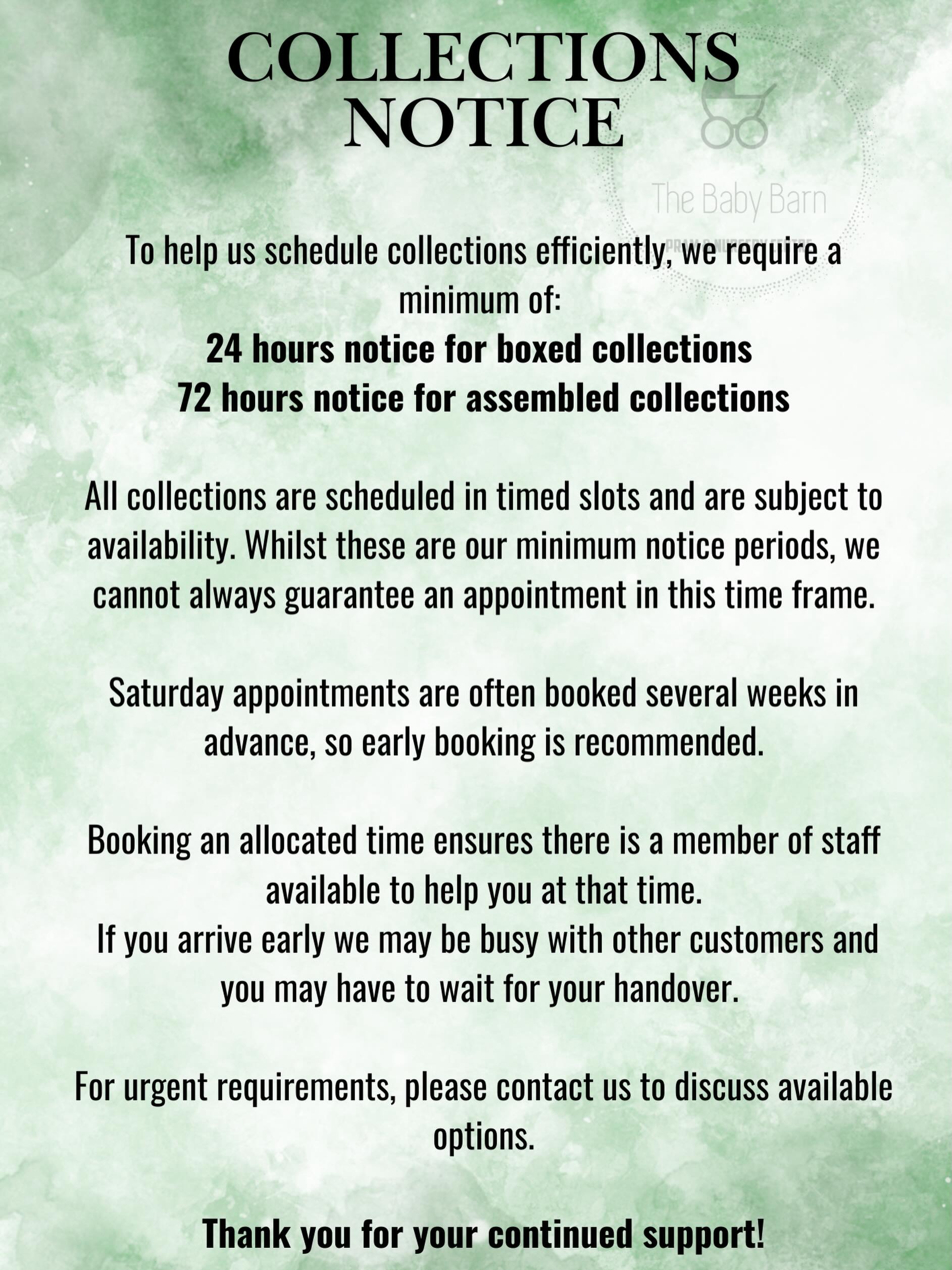 We know you’re all excited to collect your prams and furniture, and we can’t wait for you to have them!🤍
Just friendly reminder that all collections are by appointment only. This helps us have your order ready and ensures a smooth collection for everyone.
Thankyou for your understanding and support- we look forward to seeing you soon!😊