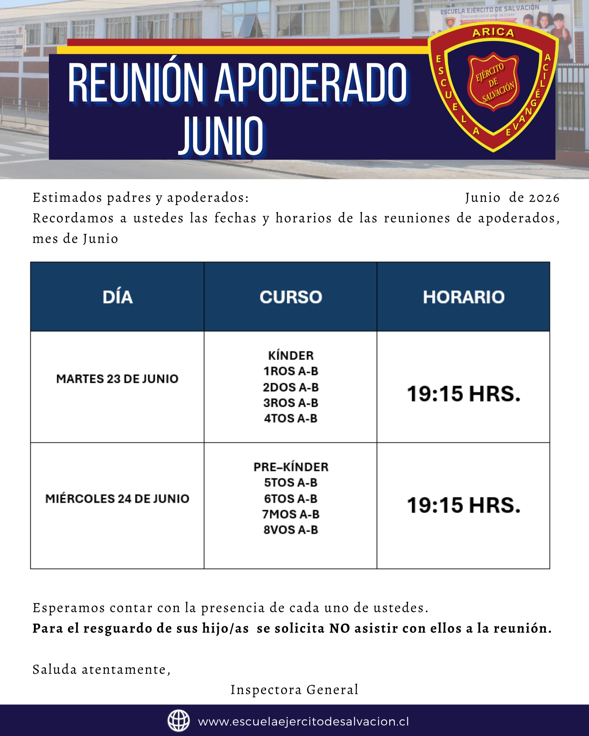 ⚠️𝐑𝐄𝐔𝐍𝐈Ó𝐍 𝐀𝐏𝐎𝐃𝐄𝐑𝐀𝐃𝐎𝐒 𝐌𝐄𝐒 𝐃𝐄 𝐉𝐔𝐍𝐈𝐎⚠️
Recordamos los días y horarios de reuniones de apoderados, del mes de junio.