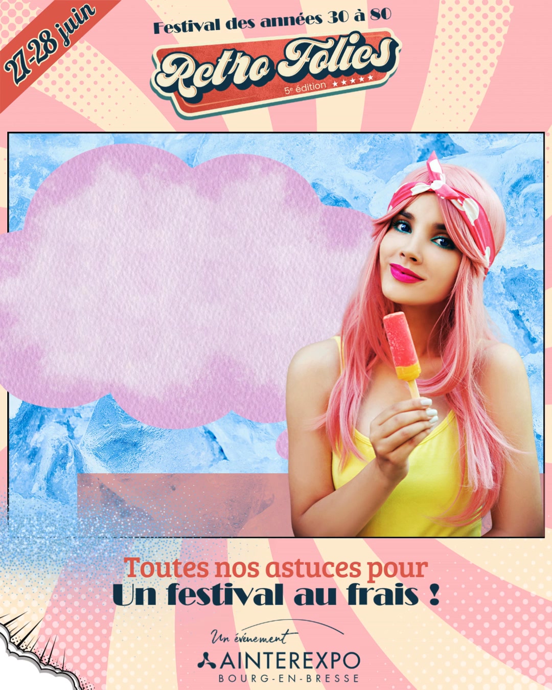 ☀️NOS ASTUCES POUR PROFITER DE RETRO FOLIES AU FRAIS 🌴🍦🧊🪩
Parce que la fête est encore plus belle quand on est bien installé, Retro Folies et Ainterexpo ont tout prévu pour vous accueillir dans les meilleures conditions tout au long du week-end 😎
🌳 Parking ombragé pour retrouver votre véhicule à l'abri du soleil
💦 Terrasses extérieures équipées de brumisateurs
❄️ Espaces partiellement climatisés
🛋️ Zones fraîcheur aménagées à l'accueil du festival avec assises et espaces repos
🍦 Glaces artisanales, boissons fraîches, snacks et restaurants répartis sur l'ensemble du site
🌙 Le bon plan du week-end ? La Grande Soirée du Samedi !
À partir de 19h et jusqu'à 1h du matin, profitez de températures plus agréables pour vivre le festival autrement :
🎸 Concerts live
🪩 Boum géante
💃 Pistes de danse
🎤 Karaoké
🍹 Bars & restaurants ouverts toute la soirée
🎟️ Entrée soirée à seulement 8 €
Nos conseils :
- Pensez à vous hydrater régulièrement
- N'hésitez pas à venir avec vos éventails
- Les jouets pistolets à eau en plastique sont autorisés en extérieur pour les enfants (et les grands enfants 😉) - Répliques d'armes interdites
On vous attend nombreux pour célébrer les 5 ans de Retro Folies dans la bonne humeur… et la fraîcheur !
#RetroFolies #RetroFolies2026 #Ainterexpo #BourgEnBresse #Festival #BonPlan #Canicule #SortieFamille #Vintage #Concerts #Danse #SoireeRetro #Ete2026 #FreshVibes