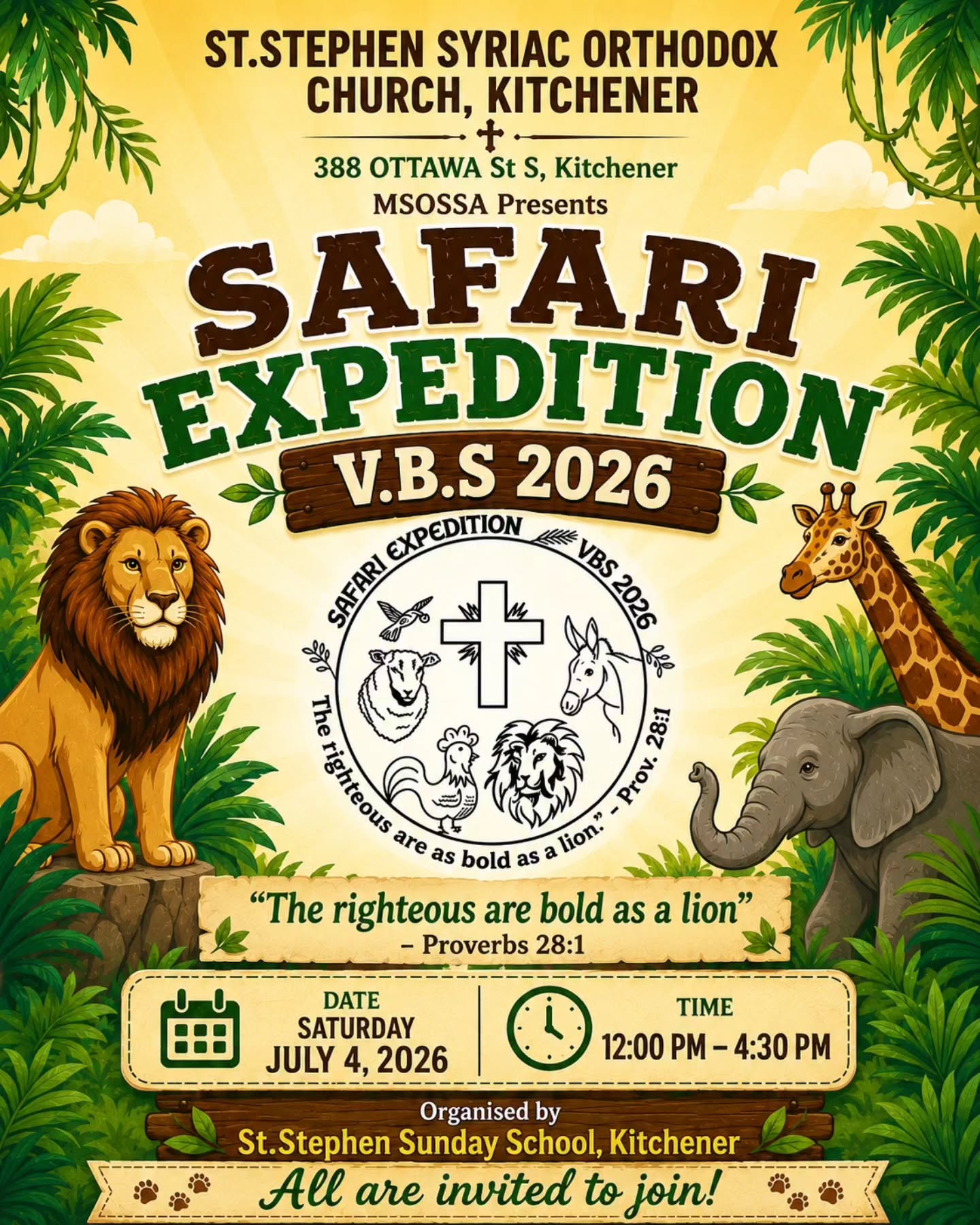 St. Stephen Sunday School is hosting a one-day Vacation Bible School (VBS) for our children on Saturday, July 4, 2026, from 12:00 PM to 4:30 PM at St. Stephen Syriac Orthodox Church, Kitchener.
We warmly invite all children to participate in this exciting day of faith, learning, fellowship, and fun.
Those who wish to attend are kindly requested to register using the link below:
https://forms.gle/dgDn1BoFLjEUc11m6
We look forward to seeing all our children at VBS 2026!