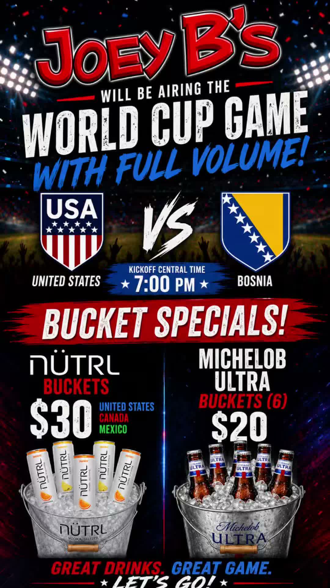 ⚽️🇺🇸 IT’S MATCH DAY! 🇧🇦⚽️
Join us at Joey B’s tonight as Team USA takes on Bosnia in a huge World Cup showdown!
📺 Kickoff: 7:00 PM (Central)
🔊 We’ll have the game on with FULL VOLUME!
🍻 Game Day Bucket Specials:
🇺🇸 Michelob Ultra Buckets (6) – $20
🥤 NÜTRL Buckets – $30
There’s no better place to catch every goal, every save, and every exciting moment than surrounded by fellow soccer fans at Joey B’s!
⚽ Grab your crew, wear your red, white & blue, and let’s cheer on Team USA together!
#JoeyBs #USAvBosnia #WorldCup #WatchParty #FullVolume #GameDay #SoccerNight #StLouisEats #BucketSpecials #USMNT #SupportUSA #CheersToTheGame 🇺🇸🍻