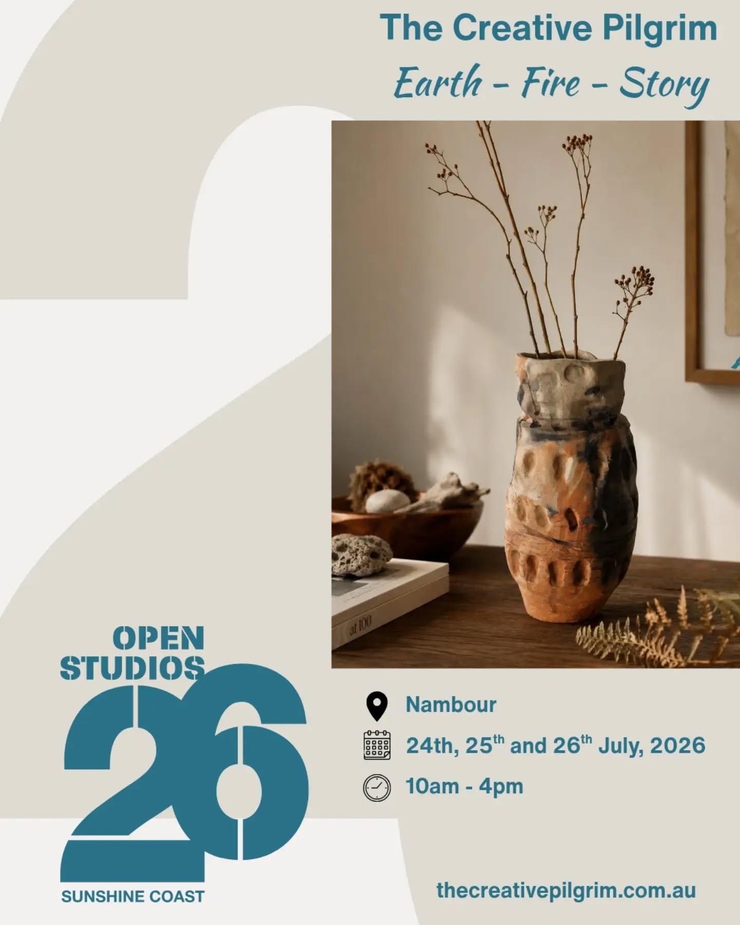 This tall pit-fired vessel carries the marks of flame, smoke and time. Every blush of colour, every darkened shadow and textured impression is a reminder that the firing process leaves its own unique signature.
Styled here with a few gathered branches, it feels right at home surrounded by natural elements--bringing a little of the landscape indoors.
If you're looking to add handcrafted pieces with warmth, texture and a connection to the earth, l'd love to welcome you to @openstudiossunshinecoast
"A little piece of earth and fire, ready to find its place in someone's home."
#pitfiredpottery #handmadeceramics #openstudios #ceramicartist #earthyinteriors