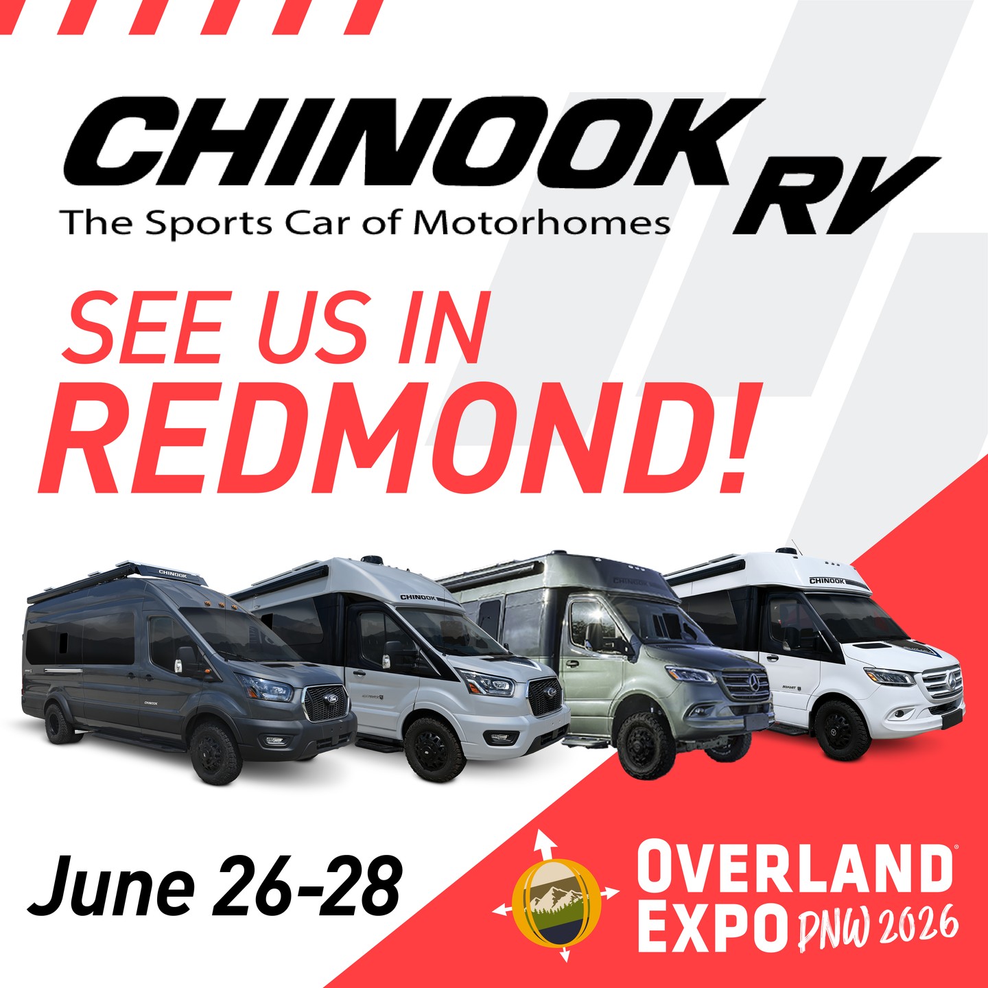 Join us at @OverlandExpo PNW in Redmond to tour our premium Class B and B+ motorhomes. With available all-wheel drive across the lineup, All-Season Certified construction on most models, and thoughtfully designed interiors, Chinook motorhomes are built to help you travel farther with comfort and confidence.
Stop by Booth F314 and experience the Chinook difference for yourself!