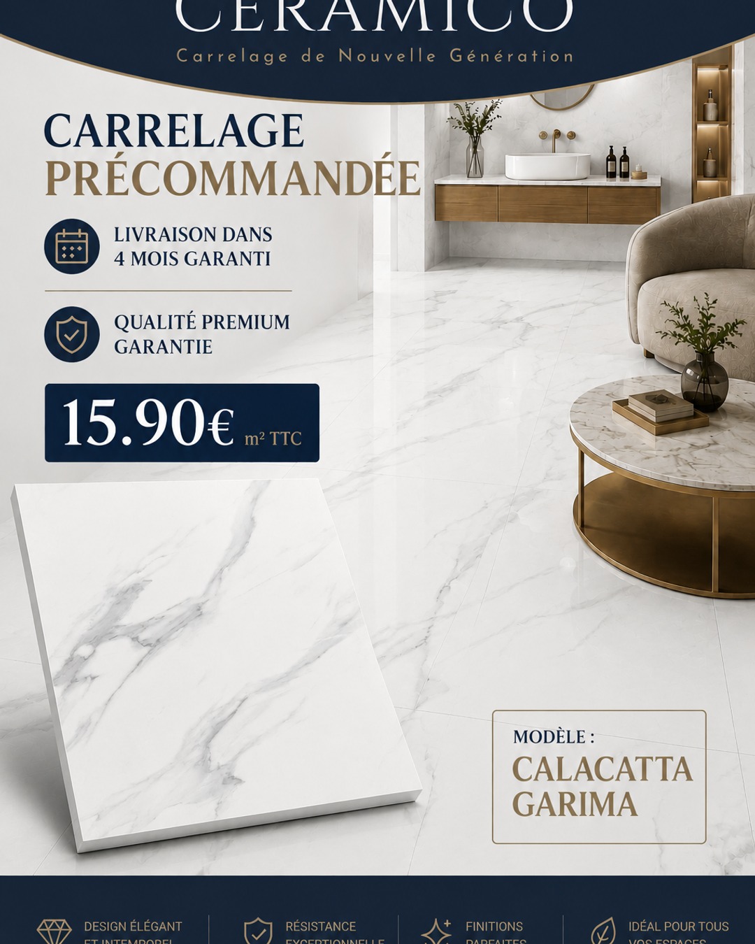 Carrelage effet marbre CALACATTA GARIMA — précommande à 15,90 € / m² ! ✨ Prix garanti, livraison sous 3 mois. Quantités limitées — passez en magasin ou précommandez. Link in Bio
#Carrelage #Marbre #HomeDesign #Rénovation #InteriorDesign #Ceramico #Promo