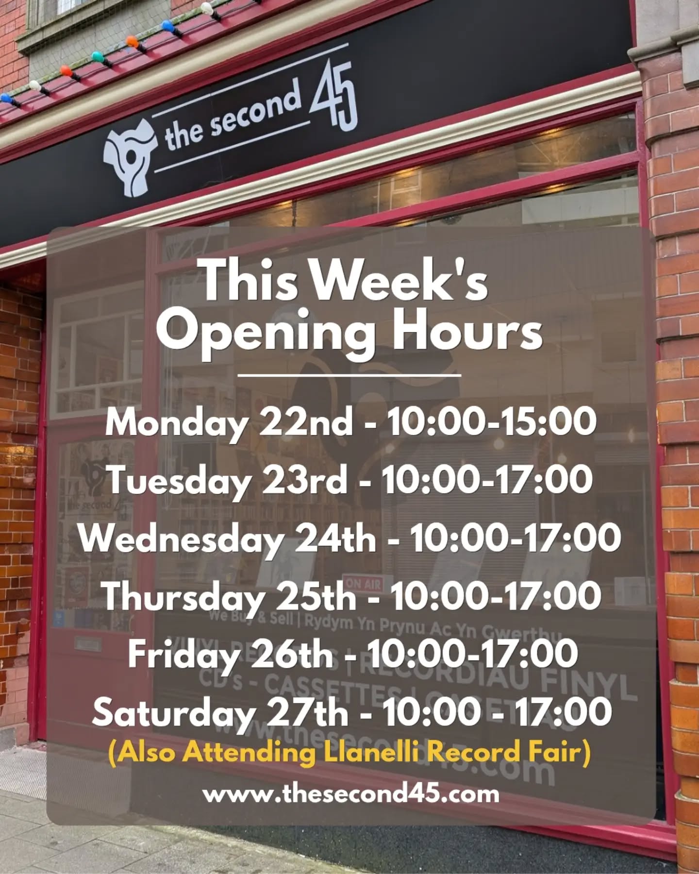 Bore da.
Lots going on yesterday so forgot to post the opening hours for the week 😅
So here we go...
Open 10-5 all week and also we'll be attending the Llanelli Record & CD Fair in Llanelli Library this Saturday the 27th.
You'll be spoilt for choice 😜
#thesecond45 #llanellirecordstore #llanellirecordfair