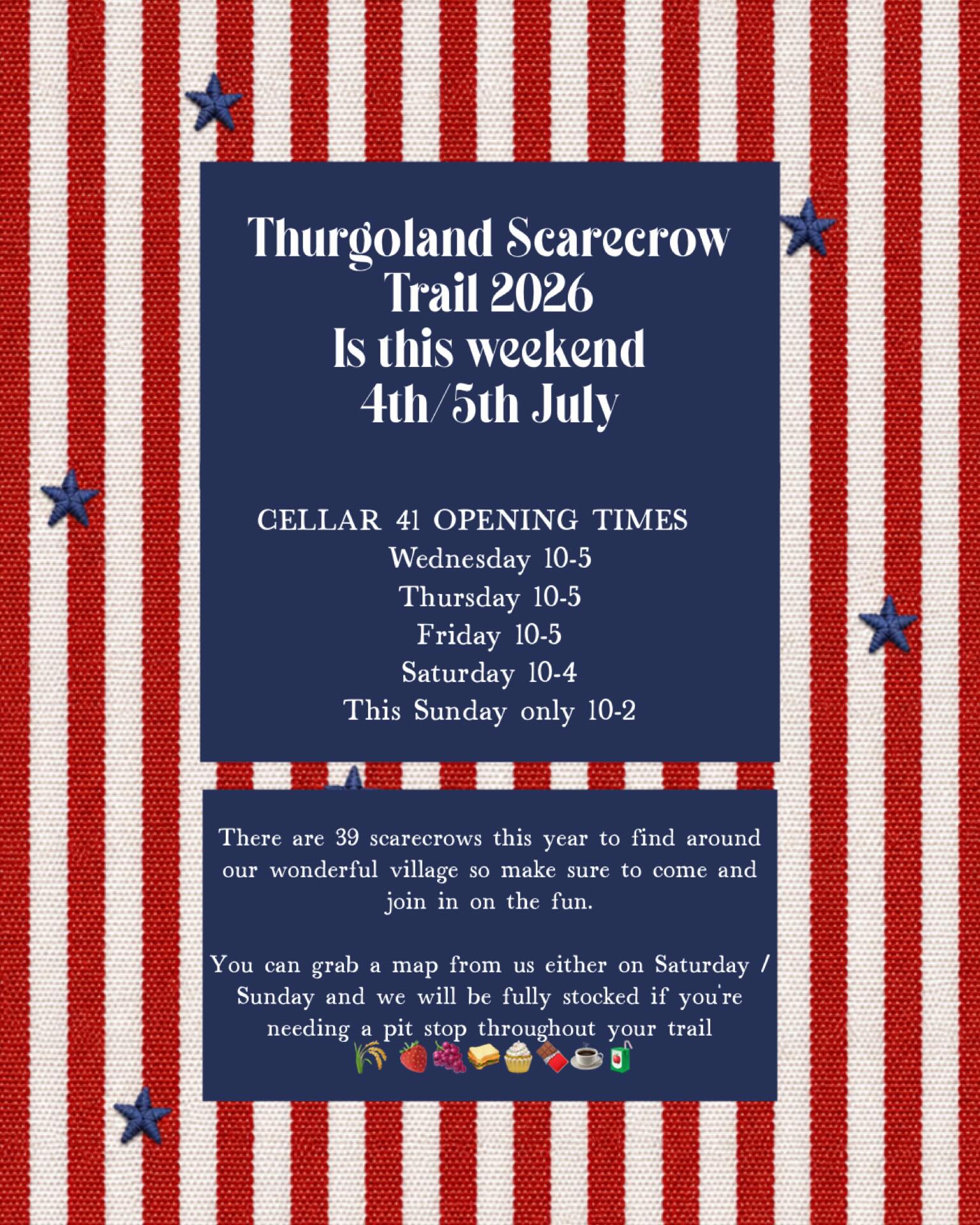It’s Thurgoland’s annual scarecrow trail THIS WEEKEND (4th/5th July) our opening times this week are below ⬇️ which also includes this Sunday 10-2
Such a great day out with the family. And Sunday the fun day at the park starts at 1:30 where you can find stalls, food/drink beverages, games etc. do make sure to have a go on the raffle, you can have a chance to win a delicious hamper from us 🍓🍇🧁🍫
Like previous years you can grab a map at Cellar 41 from Saturday morning. Hope to see a lot of you 🌾