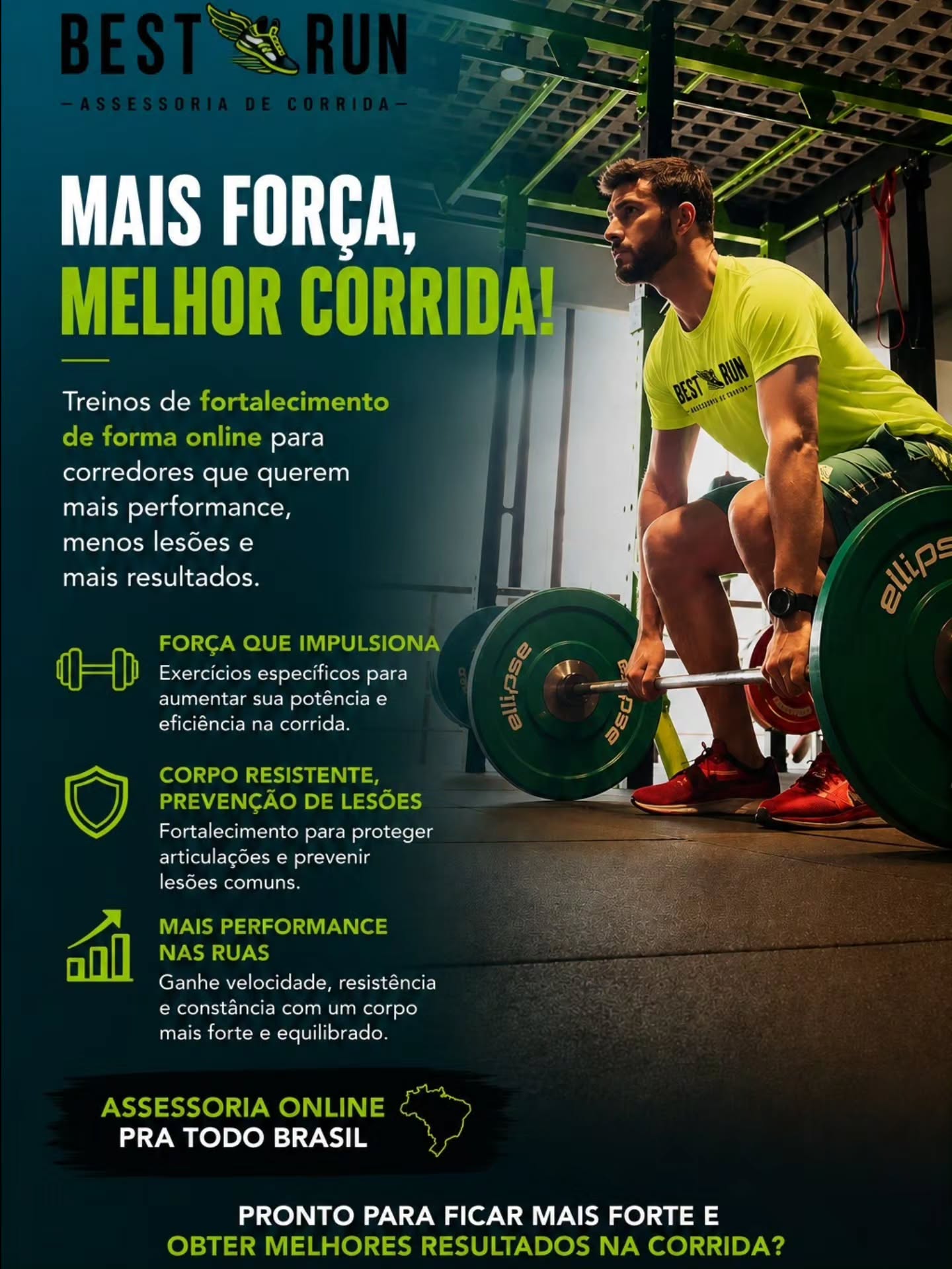 Correr mais não é o suficiente. Para evoluir, é preciso fortalecer.
O fortalecimento é um dos maiores aliados do corredor para melhorar o desempenho e reduzir o risco de lesões.
Na Best Run, você conta com um programa de fortalecimento online, pensado especialmente para quem quer:
✔️ Mais performance na corrida
✔️ Prevenção de lesões
✔️ Mais força, estabilidade e resistência
✔️ Melhor economia de corrida e resultados consistentes
Invista no seu corpo para correr mais forte, com mais segurança e por muito mais tempo.
💚 Pronto para ficar mais forte e obter melhores resultados na corrida? Fale com a Best Run e comece hoje!
#corridaderuabrasil #corridainiciantes #corridaderua #fortalecimento #treinodeforça