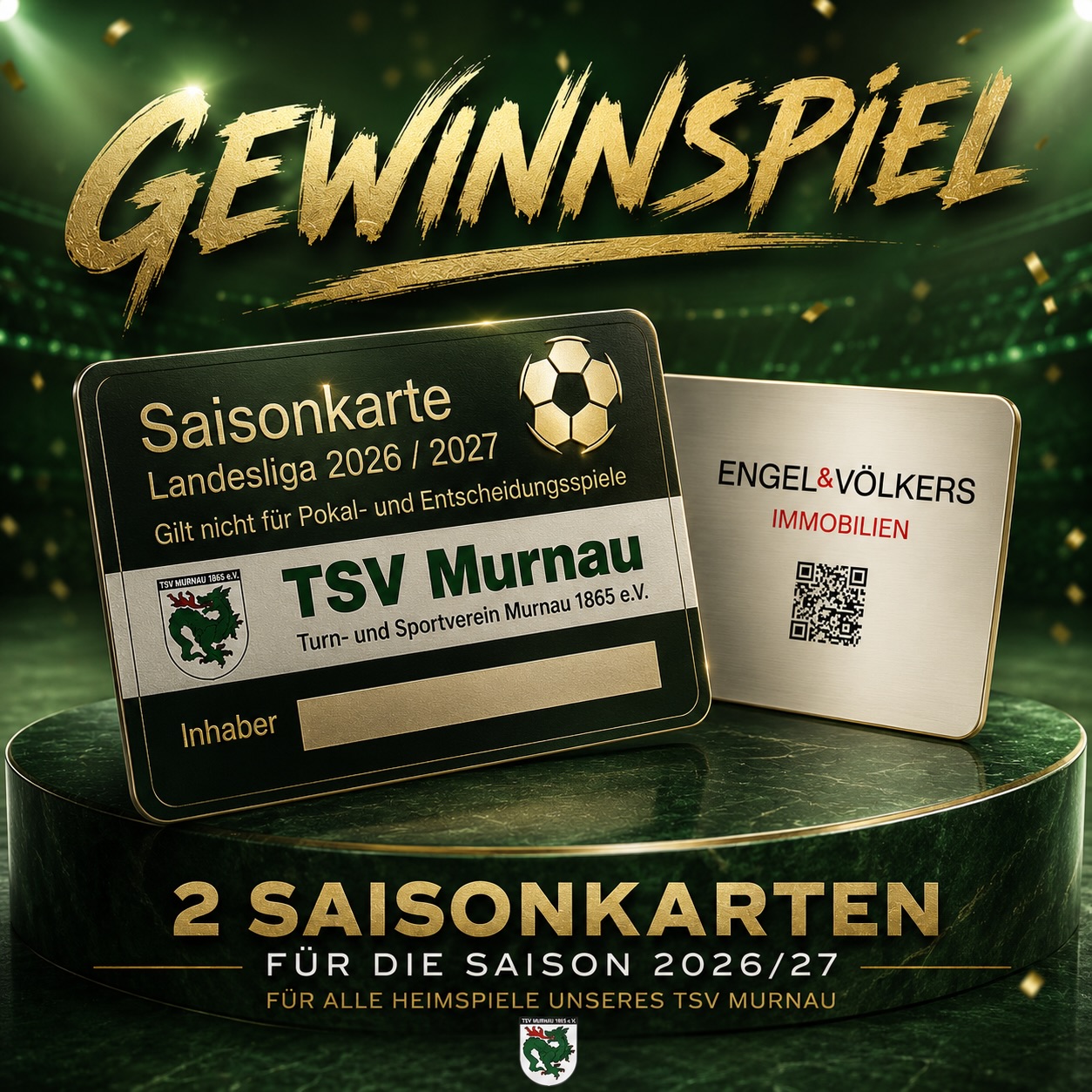 🎉 GEWINNSPIEL – Gewinne 2 Saisonkarten für die Heimspiele des TSV Murnau! ⚽💚
Du möchtest unsere Mannschaft in der Landesliga-Saison 2026/27 bei allen Heimspielen live unterstützen? Dann ist jetzt deine Chance!
🏆 Zu gewinnen gibt es 2 Saisonkarten für alle Heimspiele des TSV Murnau in der Saison 2026/27.
So nimmst du teil:
✅ Folge unserem Account
❤️ Like diesen Beitrag
👥 Markiere in den Kommentaren die Person, mit der du unsere Heimspiele besuchen möchtest.
📅 Teilnahmeschluss: Freitag, 10.07.2026, um 12:00 Uhr.
Anschließend wird der Gewinner oder die Gewinnerin ausgelost und per Direktnachricht benachrichtigt.
🍀 Wir wünschen euch viel Glück! 💚🤍
#giveaway #edid #murnau #fussball #season26/27
⸻
Teilnahmebedingungen:
Der Rechtsweg ist ausgeschlossen. Eine Barauszahlung oder ein Umtausch des Gewinns ist nicht möglich. Die Saisonkarten können ausschließlich an der Poschinger Allee während unserer Heimspiele abgeholt werden und werden nicht per Post versendet.
(*Werbung im Post )