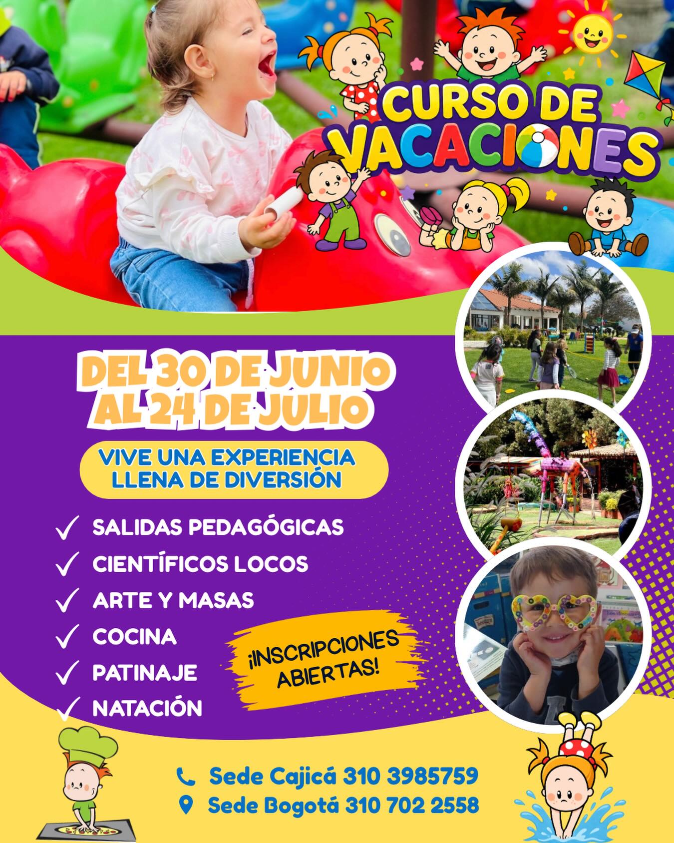 ¡Las vacaciones más divertidas están por comenzar! 🎉
Del 30 de junio al 24 de julio, vive una experiencia llena de aventura, deporte, creatividad y diversión en nuestro Curso de Vacaciones SBP. ✨
🏊 Natación
🎾 Tenis
💃 Danza
🥋 Taekwondo
⚽ Fútbol
🛼 Patinaje
🌱 Siembra
👩🍳 Cocina
🚍 Salidas pedagógicas
🎡 Juegos de feria
💦 Juegos con agua ¡y mucho más!
Un espacio diseñado para que los niños aprendan, exploren, desarrollen nuevas habilidades, hagan amigos y disfruten unas vacaciones inolvidables.
📍 Disponible en nuestras sedes de Cajicá y Bogotá.
⏰ Horarios disponibles:
• 9:00 a.m. a 12:30 p.m.
• 9:00 a.m. a 3:00 p.m.
✨ ¡No dejes que se lo pierdan! Regálales unas vacaciones llenas de movimiento, creatividad, aprendizaje y mucha diversión.
📲 ¡Inscripciones abiertas! Cupos limitados
#CursoDeVacaciones #santabárbarapreschool #AprenderJugando #diversiónyaprendizaje