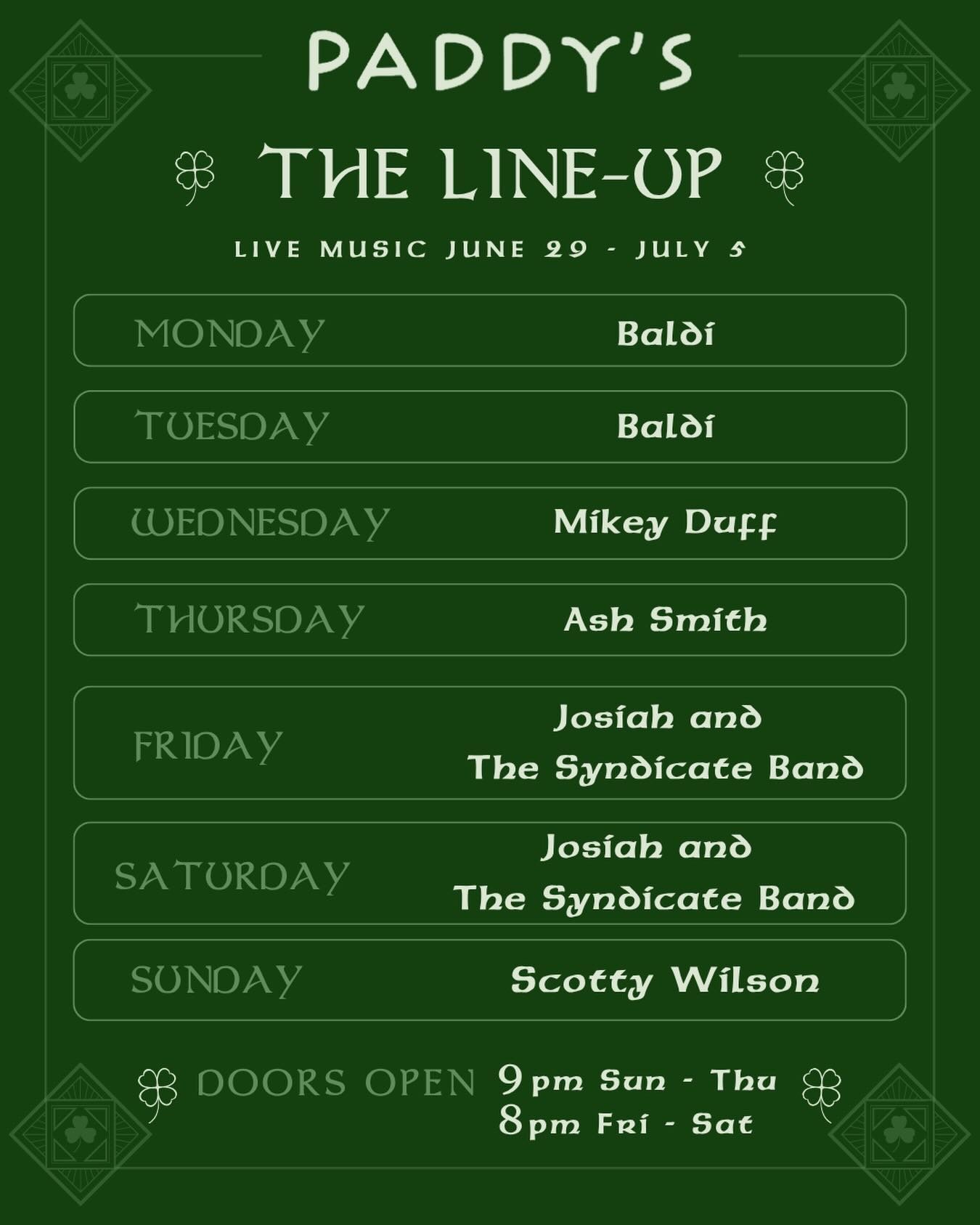 HEREโS WHATโS ON THIS WEEK ๐ถ
The Paddyโs live music line up for June 29 โ July 5 with Paddys very own 4th of July party happening on the Saturday ๐บ๐ฒ ๐
๐ Monday โ @baldi__solo
๐ Tuesday โ @baldi__solo
๐ Wednesday โ @mike_duff_entertainment
๐ Thursday โ @ashsmithmusic
๐ Friday โ @josiahsamuelmusic + @jan.arns & @p.t.mcdrumface
๐บ๐ฒ Saturday โ @josiahsamuelmusic + @jan.arns & @p.t.mcdrumface ๐บ๐ธ
๐ Sunday โ @scottywisonmusic
Doors open 9pm SunโThu | 8pm FriโSat
https://www.paddysairlie.com/whats-on
#PaddysAirlie #LiveMusic #AirlieBeach #WhitsundaysNightlife