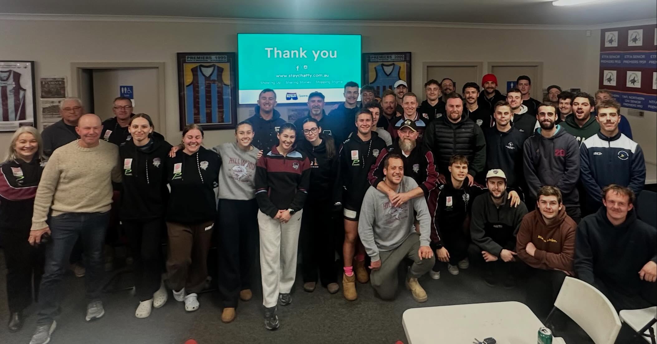 With this week being @ntfafootball mental health round, we were lucky enough to have Tom from @staychatty come talk to the club on Tuesday night.
As a club we are aiming to raise awareness, encourage meaningful conversations and to check in on their mates💙
Amazingly @alistair_taylor17 has been able to raise almost $3000 in the month of June for @staychatty and has given the locks a chop as well. ✂️
Well done AT, with this awesome effort!
Also $2 from every ticket entry at the gate will go towards wellbeing and support programs for our players and volunteers.
#finsup🦈