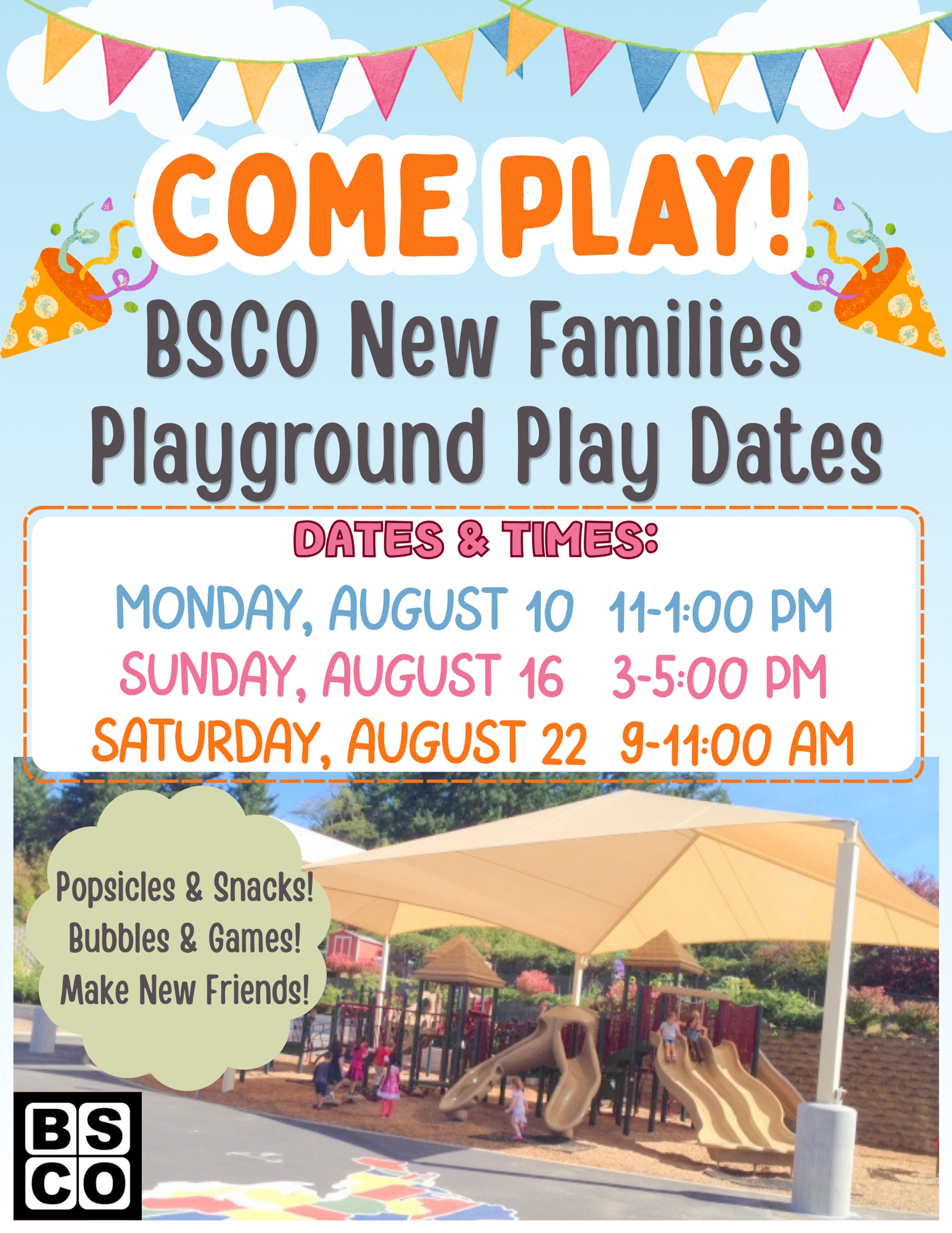 Save these dates for summer meet-ups! All BSE families are welcome but this is a great opportunity for new families (incoming kindergarten! 👋) to get together and get to know each other. See you on the playground in August! 🤸☀️