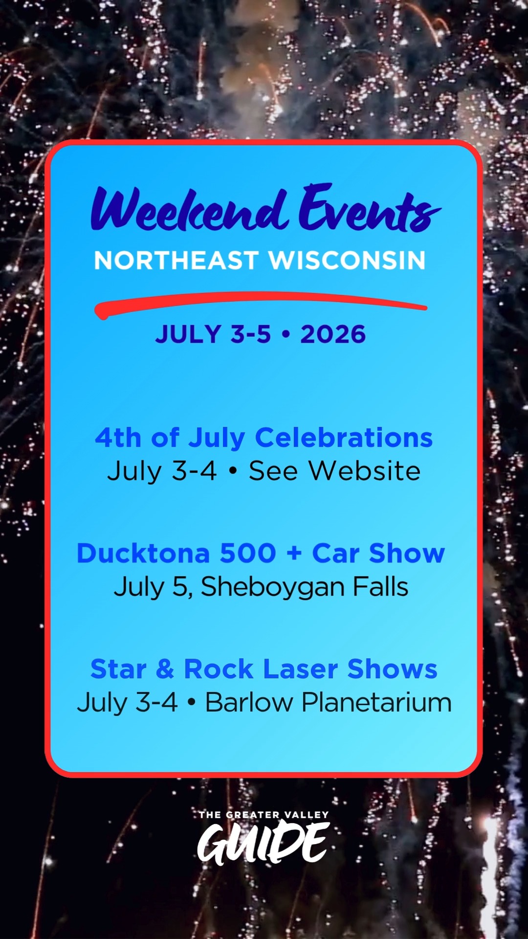 Your weekend is here and it's packed with Fourth of July celebrations, fireworks, festivals, live music, family activities, and community events happening throughout the Greater Fox Valley and beyond.
✨ Save this post so you have it handy all weekend.
📍 Follow The Greater Valley Guide for more local events, family fun, and things to do across the Greater Fox Valley.
🌐 Find even more events anytime at goTGVG.com
#WisconsinSummer #FamilyEvents #FreeFamilyFun