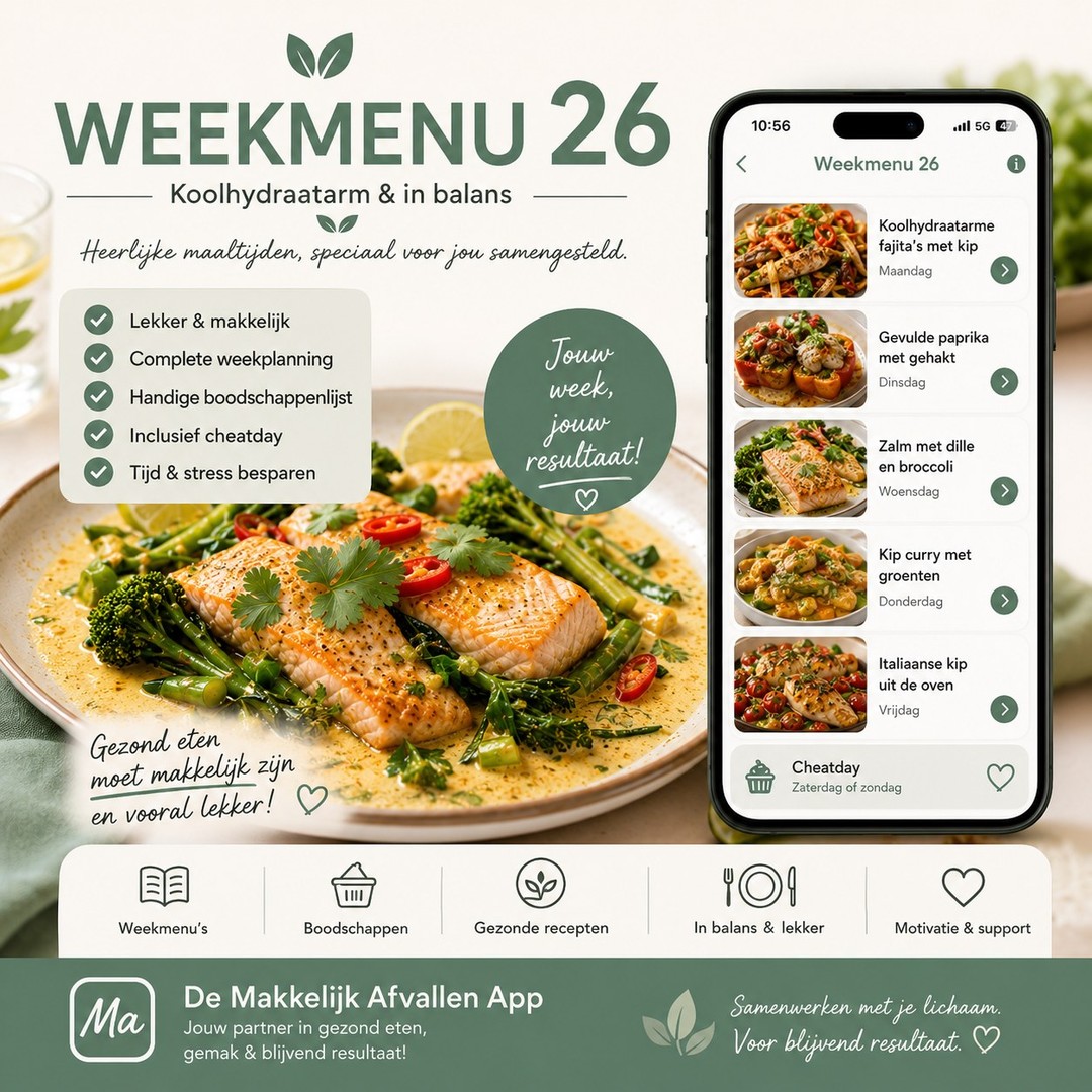 Gezond eten begint niet in de keuken.
Het begint met een plan. 💚
Elke week staat er in de Makkelijk Afvallen App een nieuw weekmenu voor je klaar.
✔️ Lekkere recepten
✔️ Complete boodschappenlijst
✔️ Minder stress
✔️ Meer structuur
En nieuw vanaf deze week:
🌿 Hormoonvriendelijke weekmenu's.
Want geen twee lichamen zijn hetzelfde. Daarom geloven wij ook niet in één voedingspatroon dat voor iedereen werkt.
Kies het menu dat past bij jouw doel en laat ons het denkwerk doen. Link in Comments
Zo wordt gezond eten weer makkelijk én vol te houden.
💛 Welke maaltijd zou jij deze week als eerste willen maken?
#MakkelijkAfvallen #Weekmenu #GezondEten #Mealplanning #GezondeRecepten #Hormoonbalans #Afvallen #GezondeLeefstijl #Koolhydraatarm #Structuur #GezondAfvallen