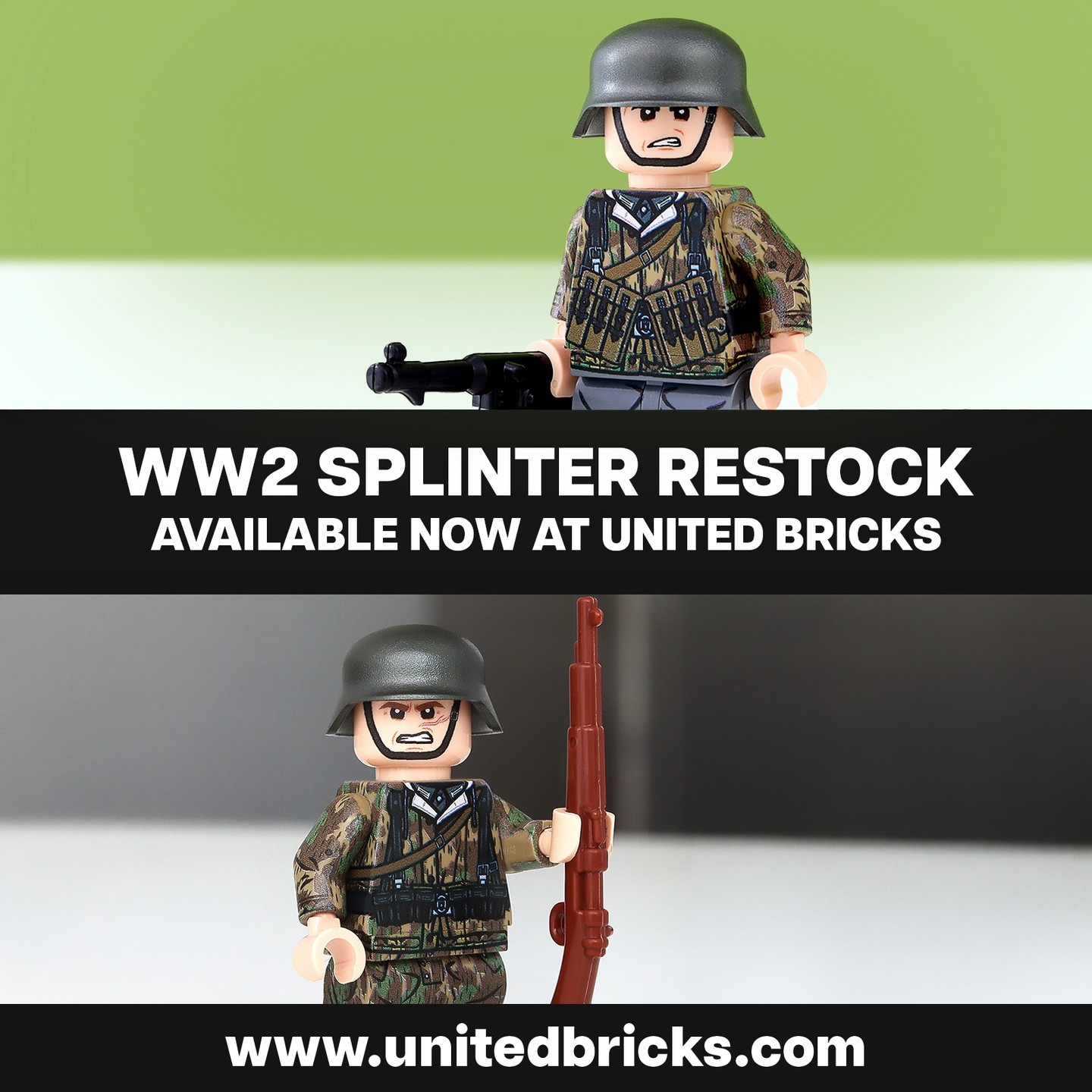 OUCH... Splinter! 👀
The WW2 German Splinter Camo Minifigures are BACK IN STOCK!
Time to bring some camouflage to your collection - grab yours from www.unitedbricks.com
💬 Which camouflage pattern is your favourite?
-
#unitedbricks #lego #minifigures #afol #brickarms #customlego #militaryminifigs #ww2 #splintercamo