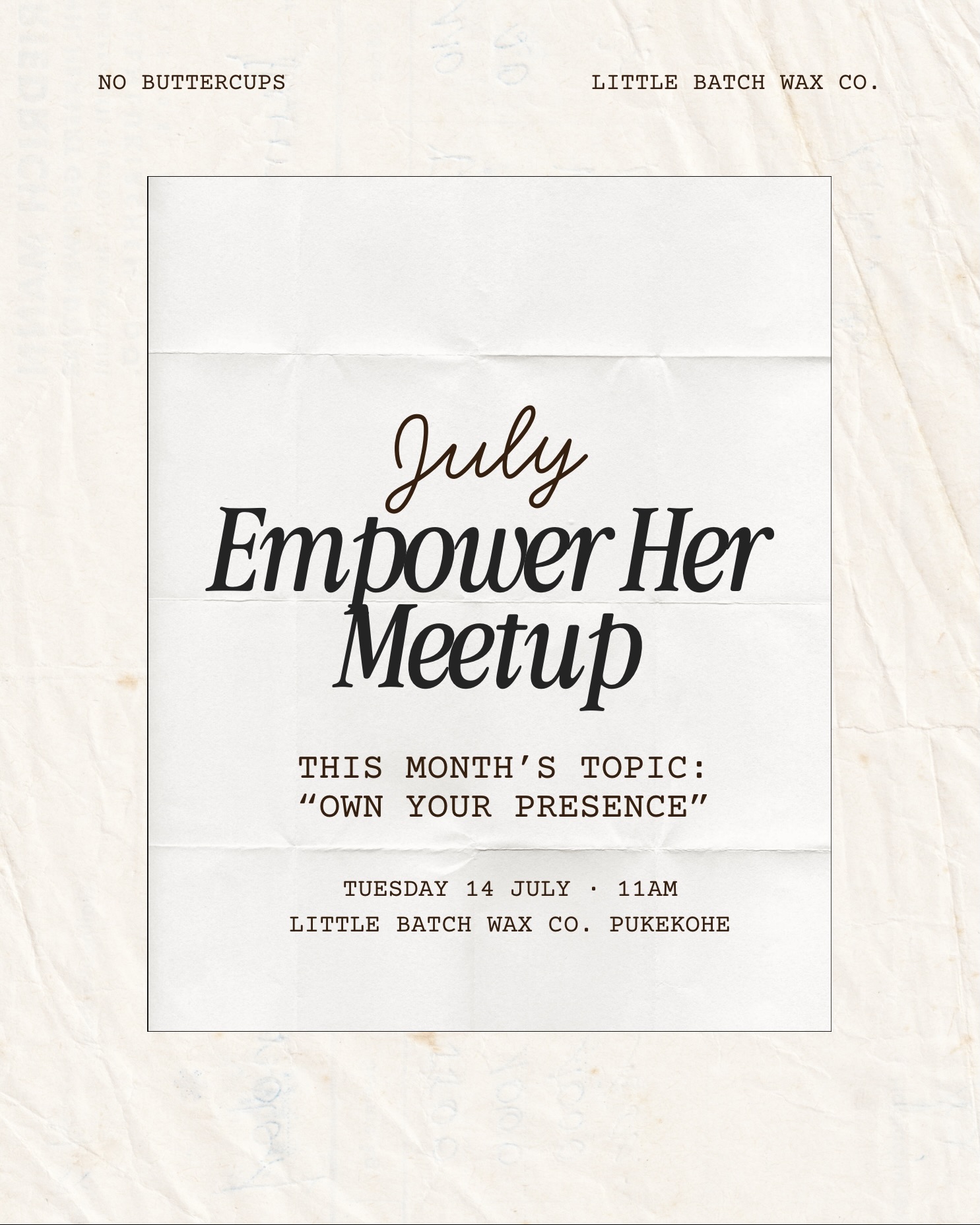 Settle in with a tea or coffee, connect with other local women in business and enjoy a guided discussion around this month’s topic “Own Your Presence”.
Bring any questions you have, share your own experiences and leave with new ideas (and the reminder that you’re not navigating business alone).
We’d love for you to join us.
🕰️ Tuesday July 14, 11am
🕯️ 152A Manukau Rd, Pukekohe
𝘛𝘩𝘪𝘴 𝘪𝘴 𝘢 𝘵𝘪𝘤𝘬𝘦𝘵𝘦𝘥 𝘦𝘷𝘦𝘯𝘵. 𝘛𝘪𝘤𝘬𝘦𝘵𝘴 𝘢𝘯𝘥 𝘧𝘶𝘳𝘵𝘩𝘦𝘳 𝘥𝘦𝘵𝘢𝘪𝘭𝘴 𝘤𝘢𝘯 𝘣𝘦 𝘧𝘰𝘶𝘯𝘥 𝘷𝘪𝘢 𝘵𝘩𝘦 𝘭𝘪𝘯𝘬 𝘪𝘯 𝘰𝘶𝘳 𝘣𝘪𝘰.