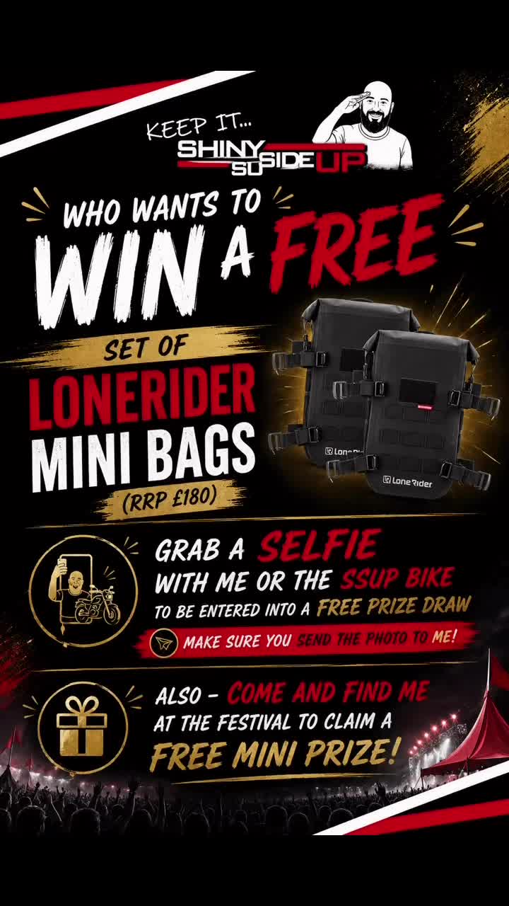 🎉🎁 ABR FESTIVAL GIVEAWAY TIME! 🎁🎉
Who wants to win a FREE set of LoneRider Mini Bags worth £180? 👀
We’ve decided to bring a little extra fun to ABR this year, and entering couldn’t be easier…
📸 STEP 1:
Grab a selfie with either:
✅ Me (James from Shiny Side Up)
OR
✅ The Shiny Side Up display bike
📩 STEP 2:
Send the photo to me via Facebook Messenger, Instagram DM, or email before the end of the festival weekend.
🎟️ Every valid selfie counts as ONE entry into the prize draw.
🎁 BONUS!
Come and find me around the festival and claim a FREE mini prize while stocks last.
📋 RULES:
• Must be attending ABR Festival.
• Selfie must clearly show you with me or the SSUP bike.
• Photo must be sent directly to me to be entered.
• One entry per person.
• Winner will be drawn after the festival and announced on the Shiny Side Up social channels.
Good luck everyone! 🍀
Now the challenge is finding me… 👀🏍️
#ABRFestival #AdventureBikeRider #Giveaway #LoneRider #ShinySideUp #MidlandsMotorbikers #ABR2026 #MotorcycleLife #AdventureRiding