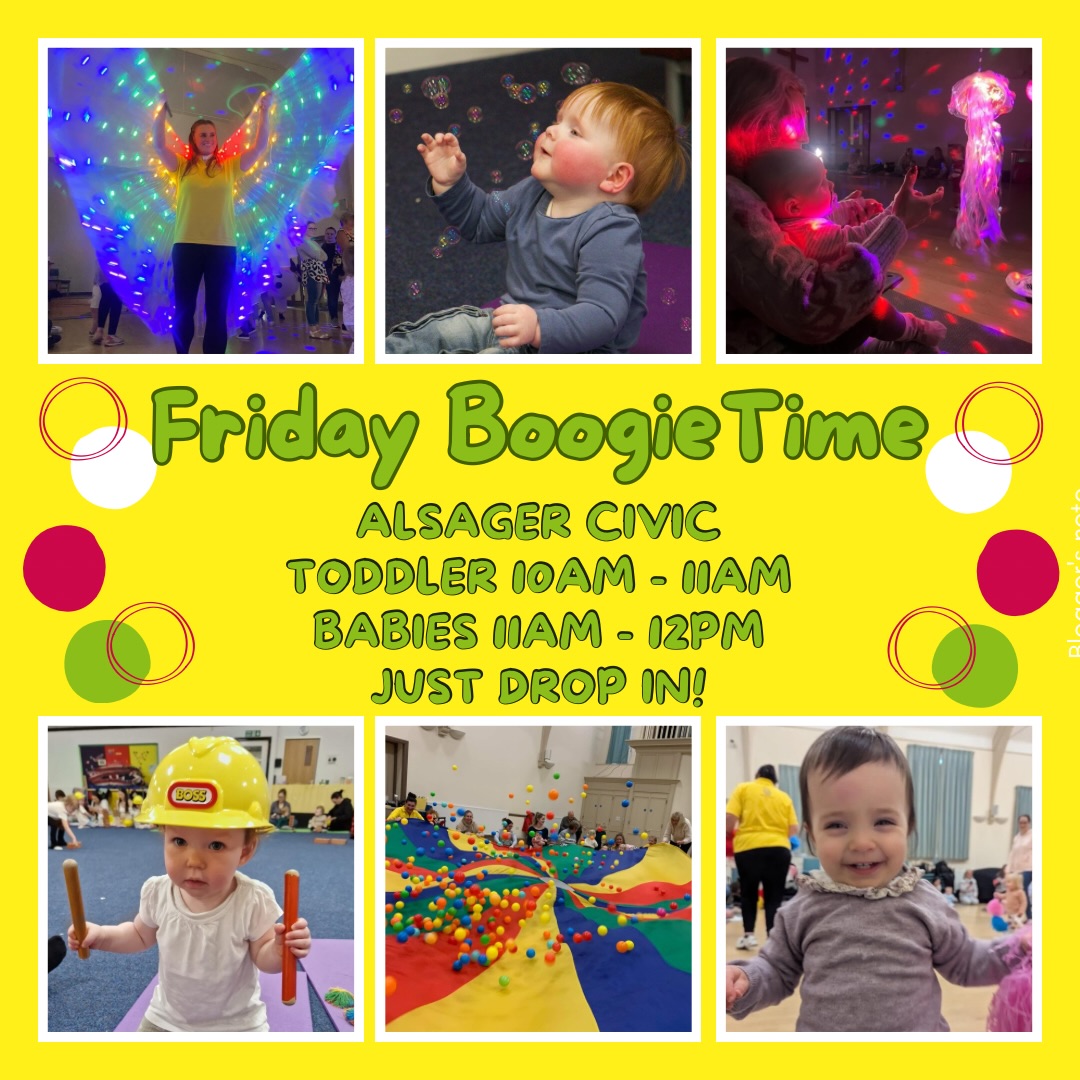 Hannah is running Boogietime at Alsager Civic tomorrow. The Hall is large and airy so just drop in to either session and enjoy a boogie.