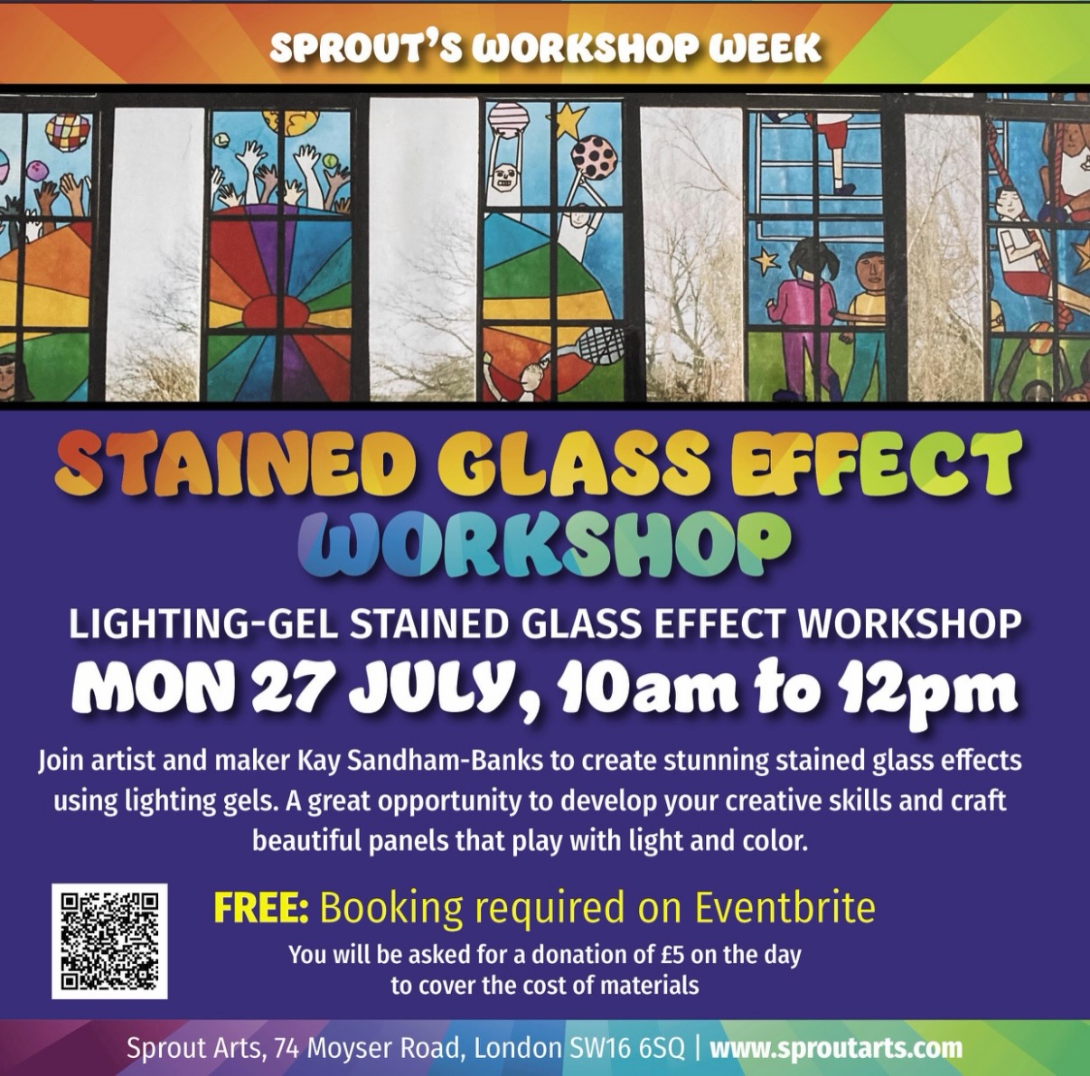 Monday 27th July - Stained Glass Effect Panel Workshop with Kay Sandham-Banks 10am - 12 midday
Join artist and maker Kay Sandham-Banks at Sprout Arts for an exciting hands-on workshop where you’ll explore the art of creating stunning stained glass effects using lighting gels. This in-person event offers a great opportunity to develop your creative skills and craft beautiful panels (size A4) that play with light and colour.
All resources are provided but you may want to bring some pictures for inspiration.
Tickets are FREE but you will be asked for a donation of £5 on the day to cover the cost of materials. Please only book if you intend to come! Link in bio to book.