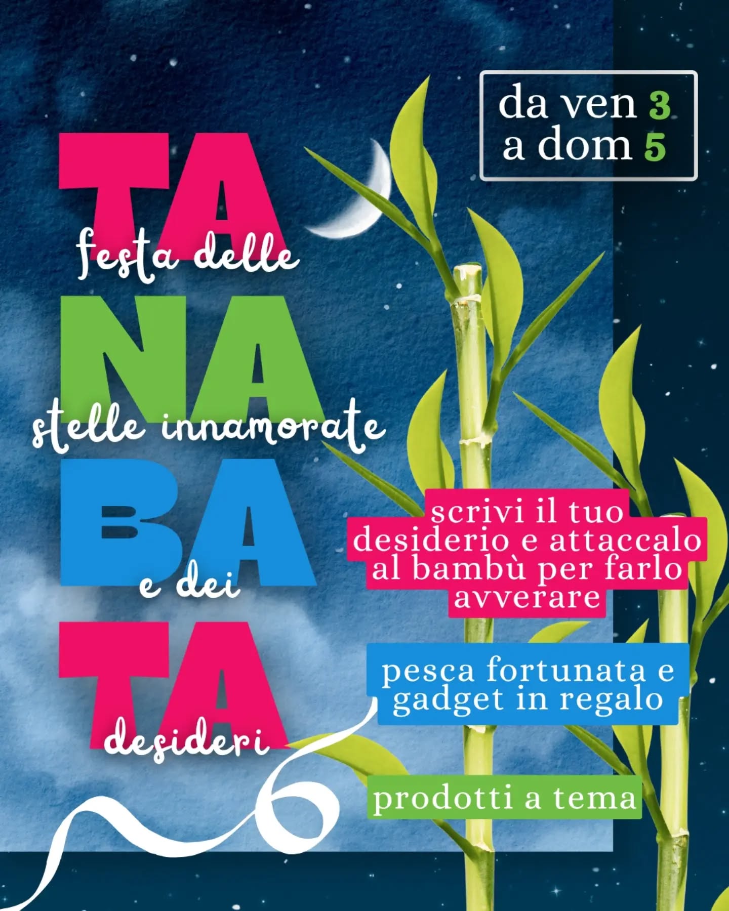 Tanabata ✨ la festa delle stelle innamorate e dei desideri 💖
Da venerdì 3 a domenica 5 luglio torna al Nox&Hop la festa giapponese del Tanabata 💫
🎋 Scrivi il tuo desiderio su strisce colorate e appendilo al bambù per farlo avverare
🎣 Pesca la tua fortuna: scaccia le maledizioni e porta sempre con te le benedizioni per buon auspicio
🎁 Oltre alle fortune puoi pescare gadget a tema!
🍶 Atmosfera e prodotti che ti faranno sentire subito in Giappone
Conosci la leggenda del Tanabata? Facci sapere se vuoi che ti rinfreschiamo la memoria 👇🏻
📍Nox&Hop ~ ludo pub 🎲🍔🍺 Viale Ivo Montagni 190 Limite sull'Arno (FI)