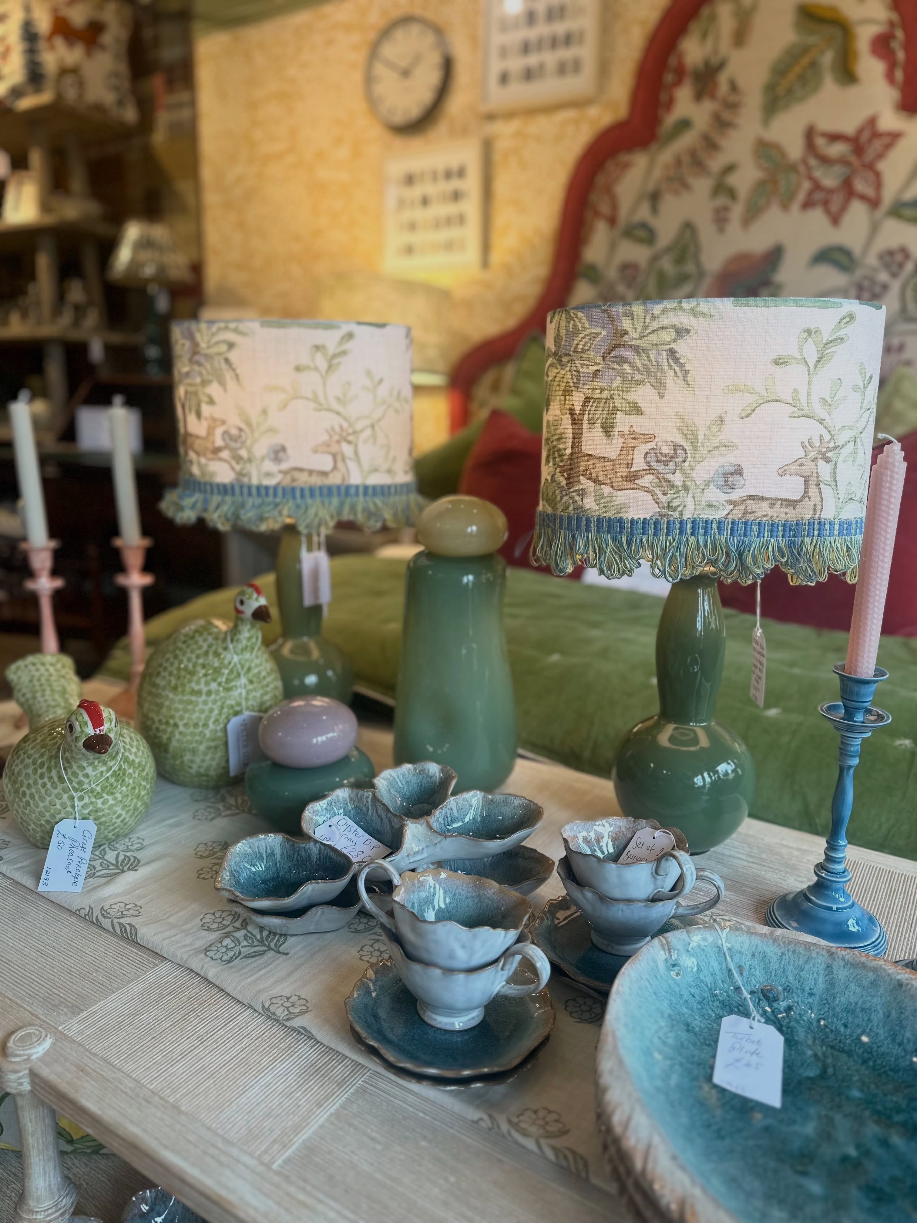 A little corner of colour ✨
New handmade lampshades in Kit Kemp’s Knight’s Tale, surrounded by beautiful ceramics, candles and accessories.
We’re loving these fresh blues, greens and soft pinks — the perfect way to brighten those little corners of your home.
#handmade #lampshades #kitkemp #interiordecor #interiorinspiration
