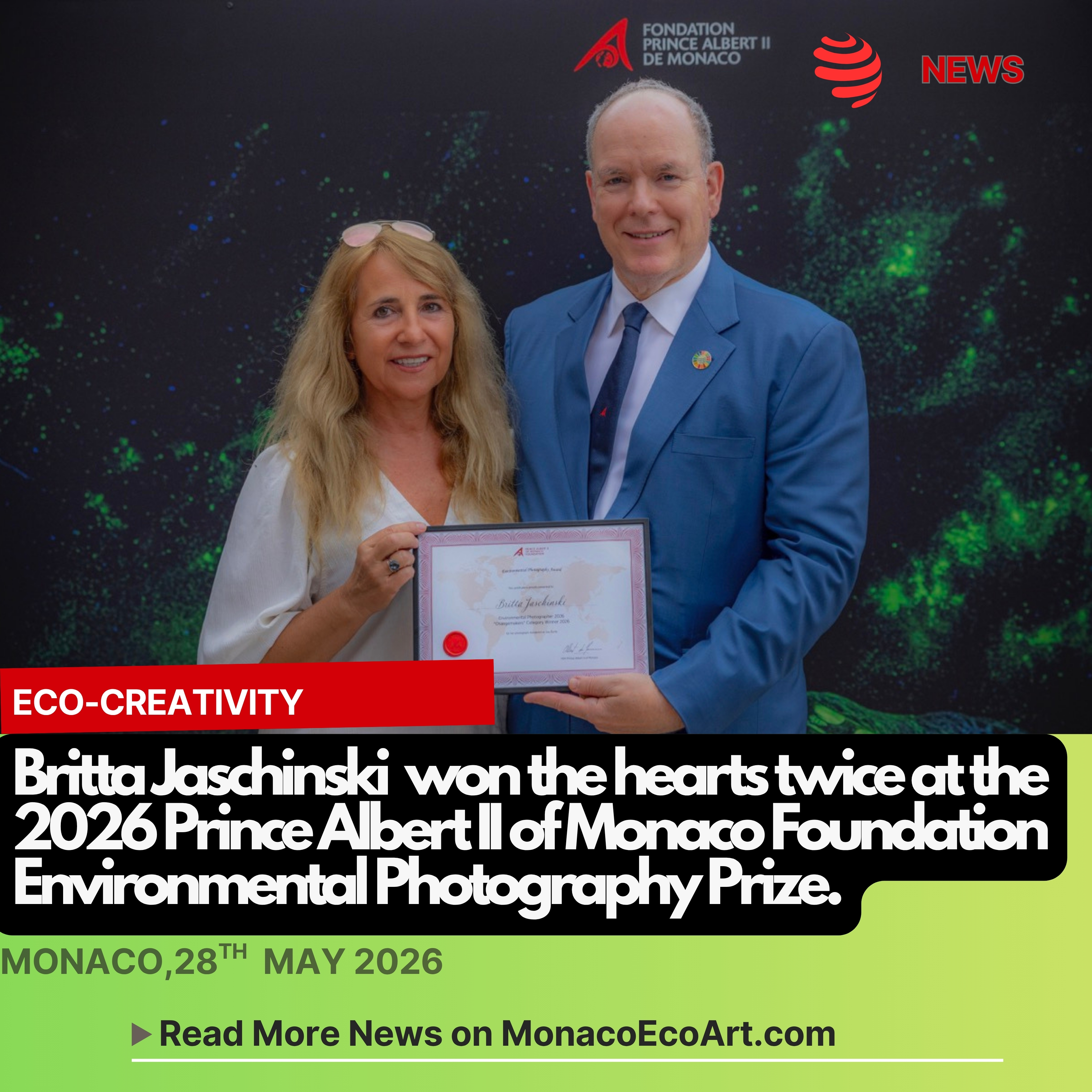 ✒🇲🇨 MONACŒCOART®
📸🐢 ECO-CREATIVITY
🇬🇧🇺🇸 Britta Jaschinski won the hearts twice at the 2026 PA2F Environmental Photography Prize.
🇫🇷 Britta Jaschinski a reçu le Prix FPA2 de Photographie Environnementale 2026.
🇮🇹 Britta Jaschinski ha ricevuto Il Premio FPA2 Environmental Photography 2026.
🇪🇸 Britta Jaschinski ha recibido un doble premio FPA2
Environmental Photography 2026.
Read the full text of the article at: www.monacoecoart.com
#photographychallenge #photographer #international #awareness
#sustainability #environment #awareness #ocean #biodiversity #climatechange #science #civilsocietyengagement #information #media #BlueEconomy #innovation #future #development #actnowornever 📸 © @fondationprincealbert2 @britta.jaschinski.photography @fpa2.photoaward @sergiopitamitz - Contents and Layout: © MonacoEcoArt.com