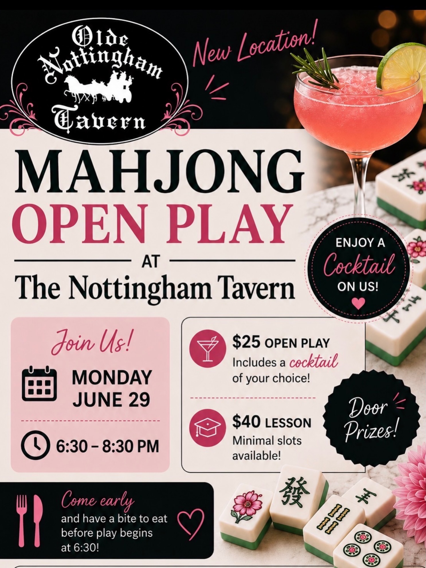 🀄🍸 Mahj Me at the Nott 🍸🀄
Looking for a new girls night out?
Join us at The Nottingham Tavern for an evening of mahjong, cocktails, great food, and friendly competition.
Whether you’re an experienced player or just getting started, this is the perfect excuse to grab your friends and make a night of it.
🍸 Open Play includes a cocktail
🀄 Beginner lessons available
🎁 Door prizes
🍽️ Come early for dinner and drinks
Spots are limited and filling quickly, so reserve your seat now. Link in bio.